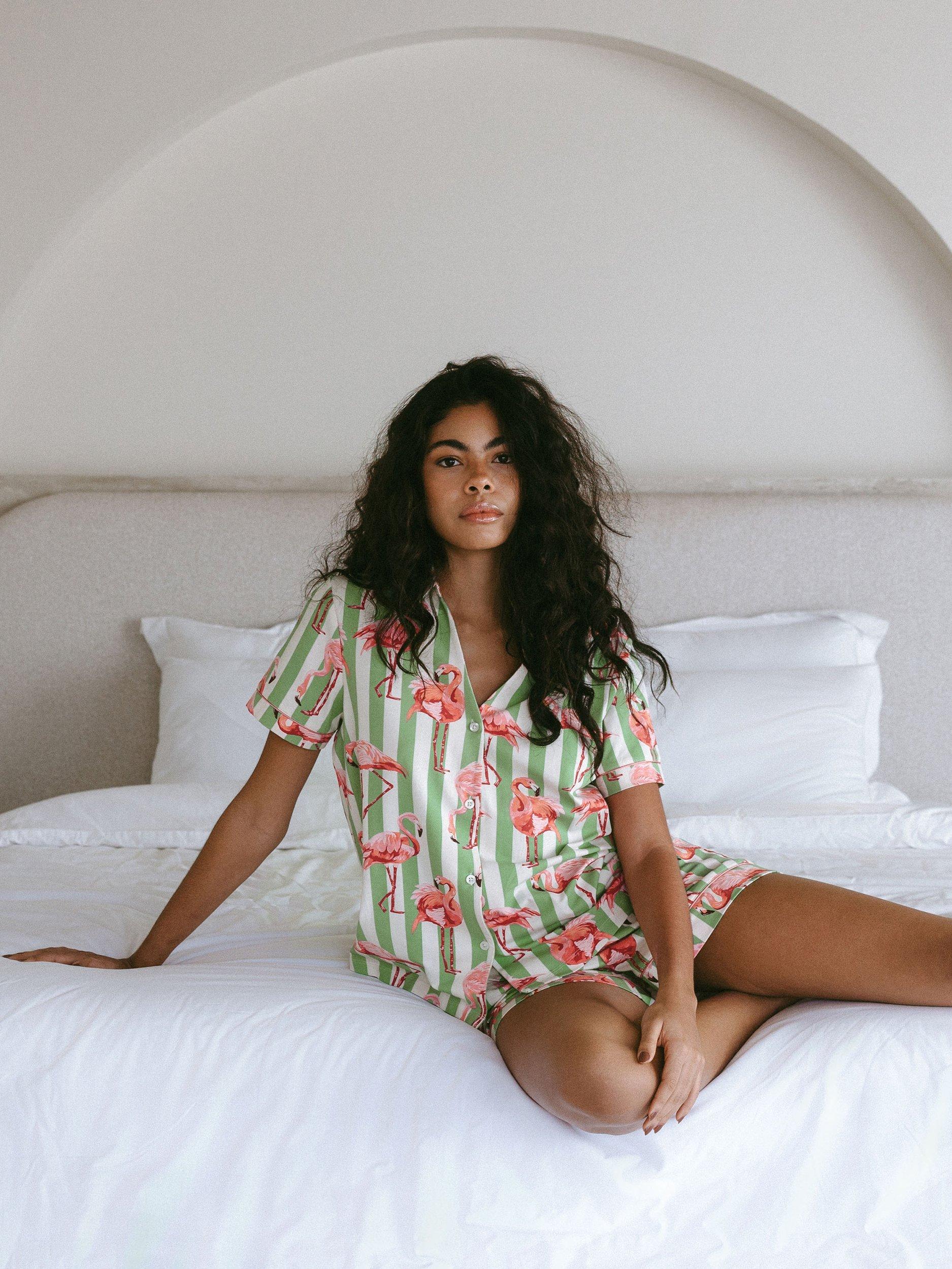 Product image 1 of 5, which shows Chelsea Peers Flamingo Stripe Organic Cotton Rich Short Pyjama Set, Green, 6