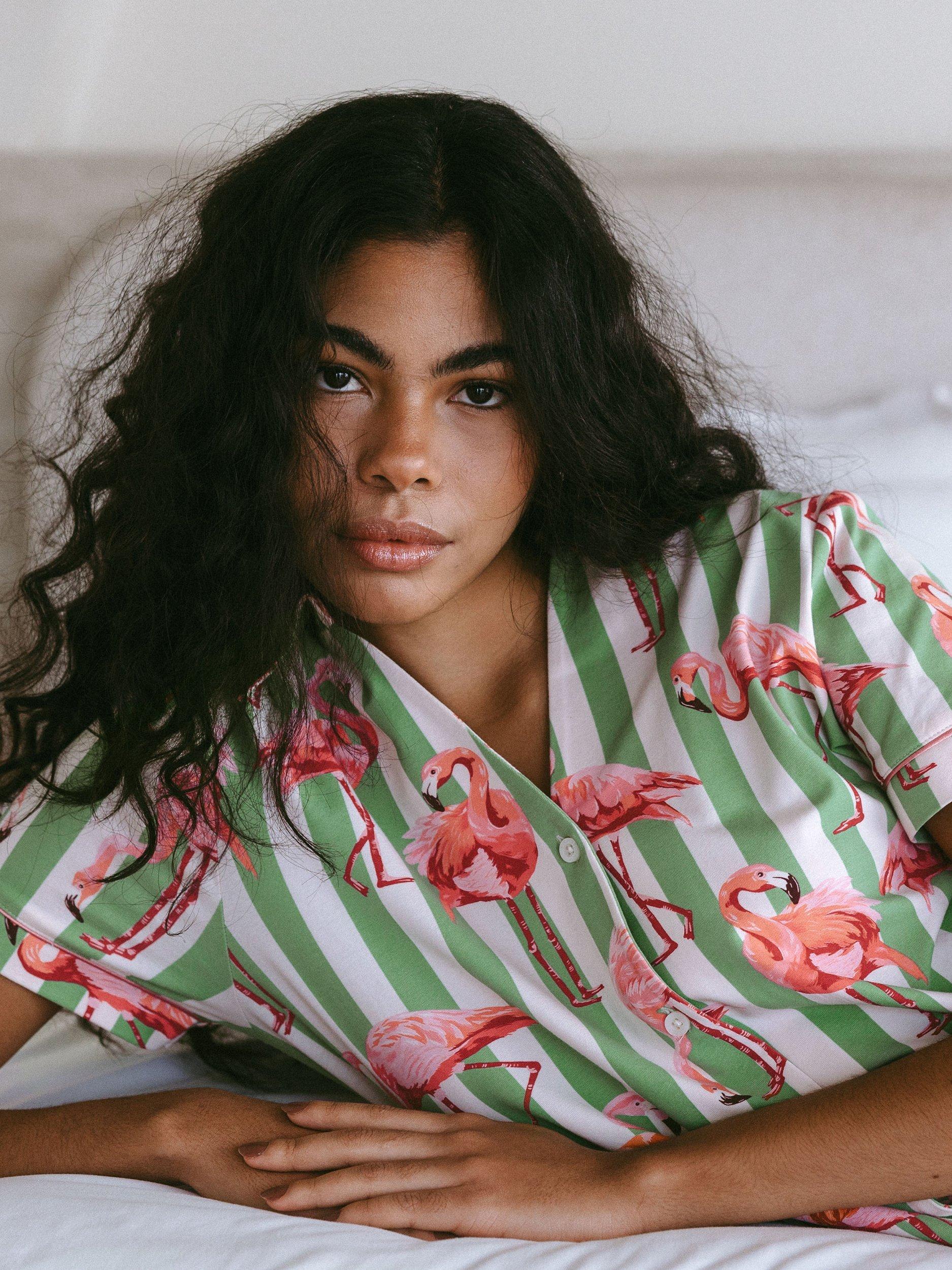 Product image 5 of 5, which shows Chelsea Peers Flamingo Stripe Organic Cotton Rich Short Pyjama Set, Green, 6