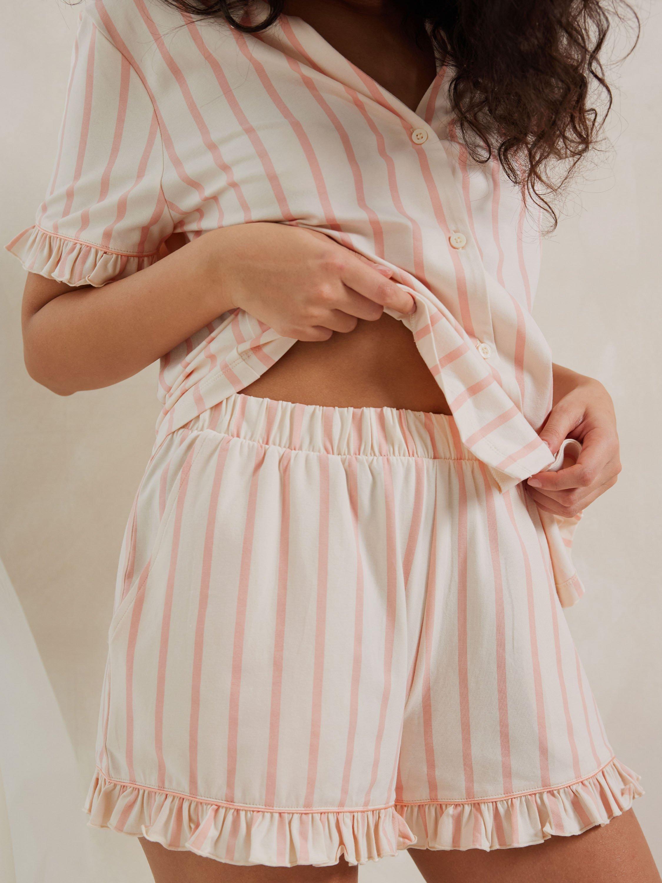 Product image 3 of 9, which shows Chelsea Peers Stripe Frill Organic Cotton Rich Short Pyjama Set, Pink, 18