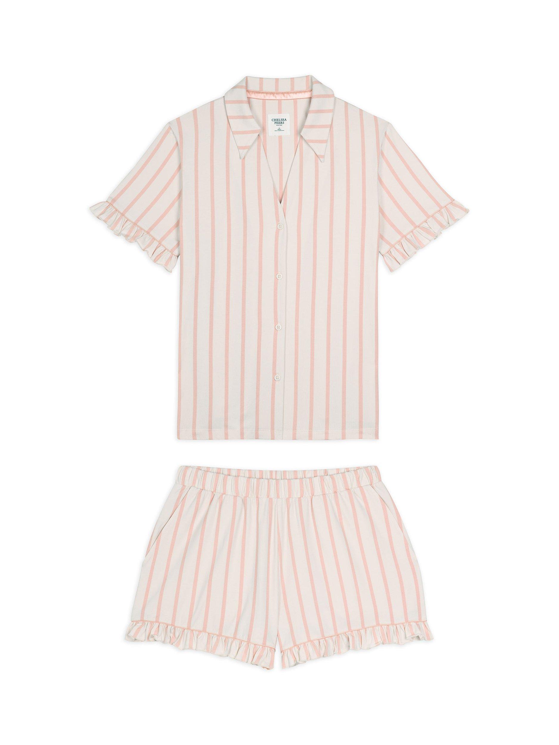 Product image 6 of 9, which shows Chelsea Peers Stripe Frill Organic Cotton Rich Short Pyjama Set, Pink, 18