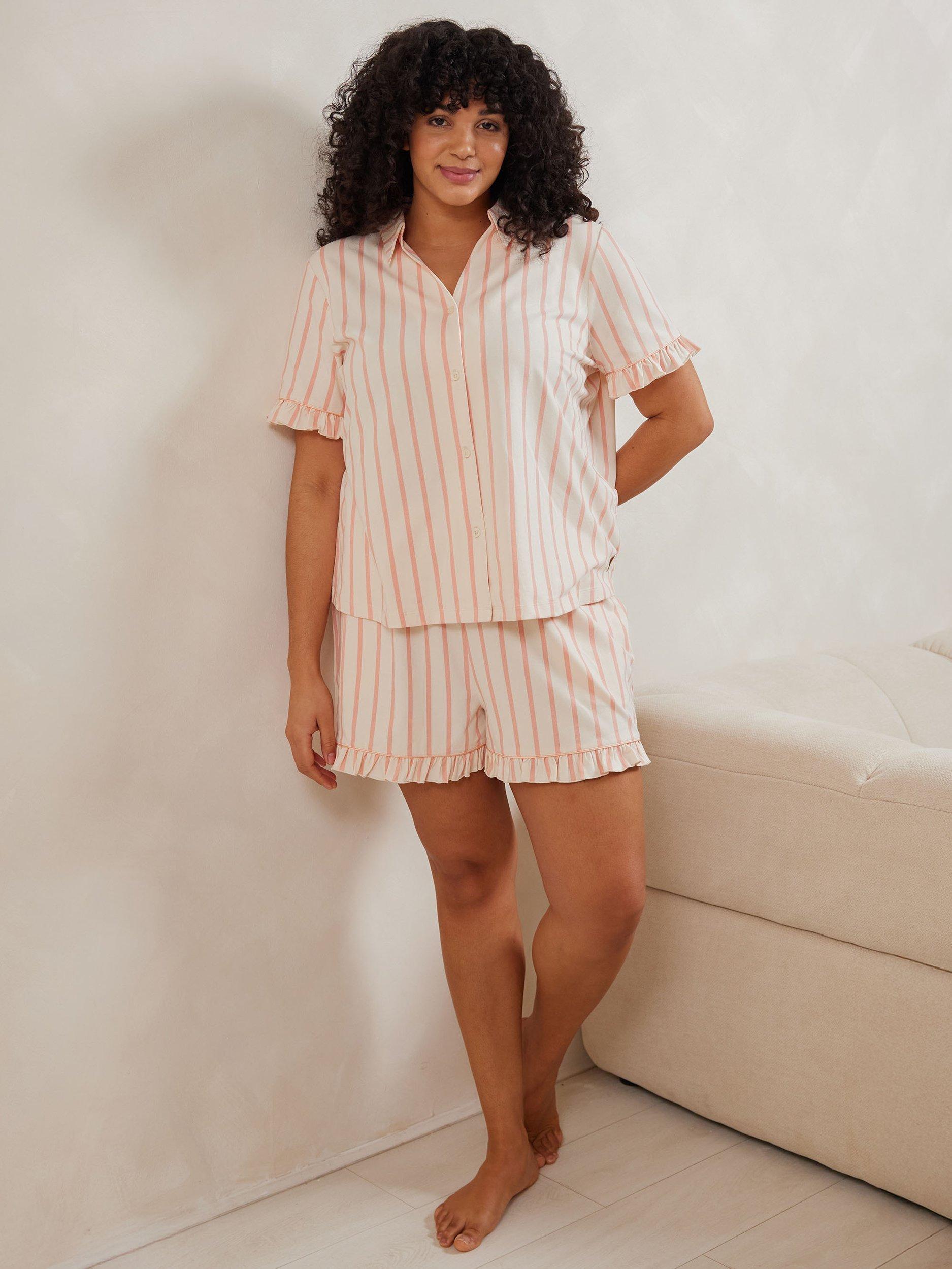 Product image 7 of 9, which shows Chelsea Peers Stripe Frill Organic Cotton Rich Short Pyjama Set, Pink, 18