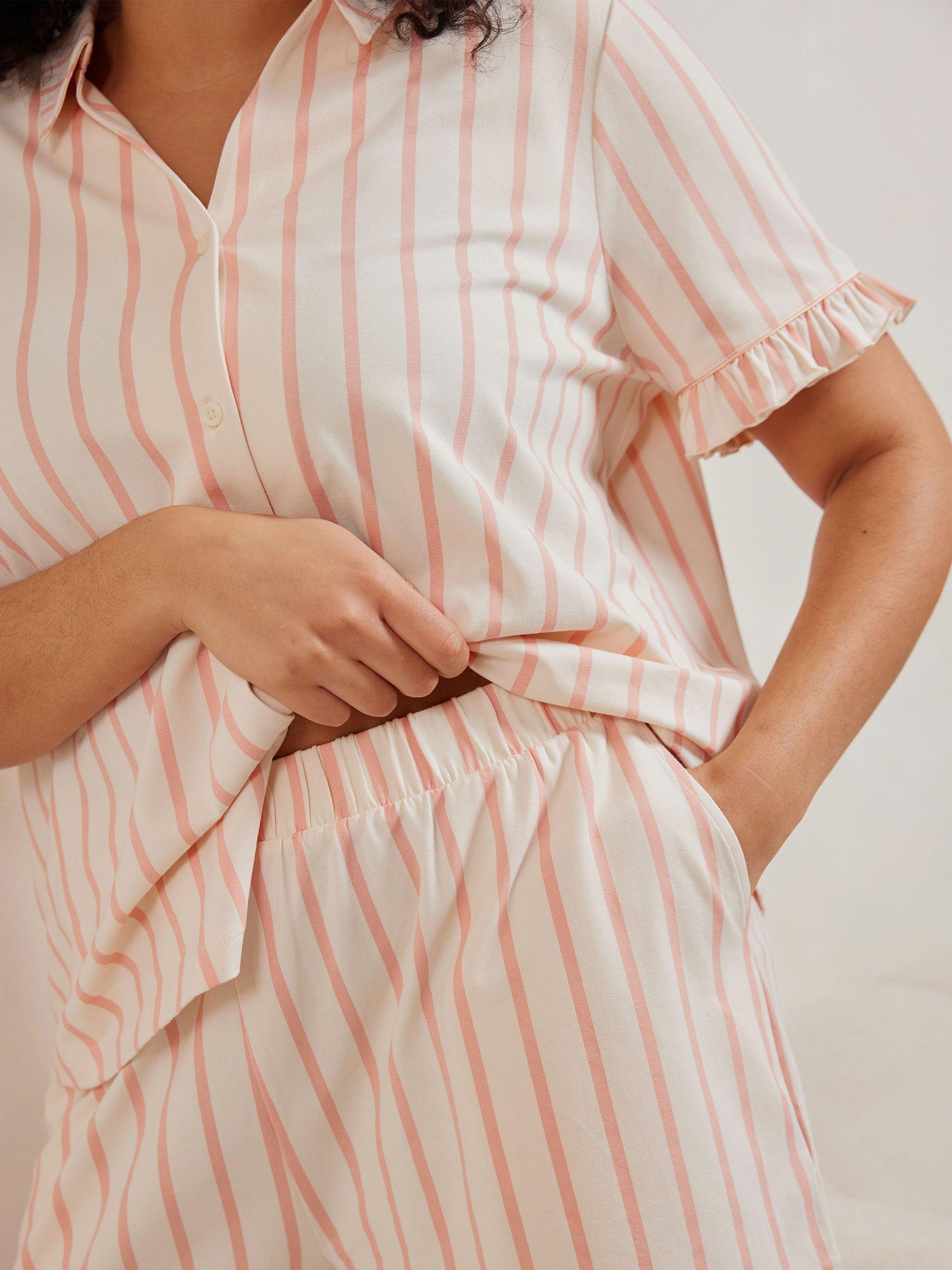 Product image 8 of 9, which shows Chelsea Peers Stripe Frill Organic Cotton Rich Short Pyjama Set, Pink, 18