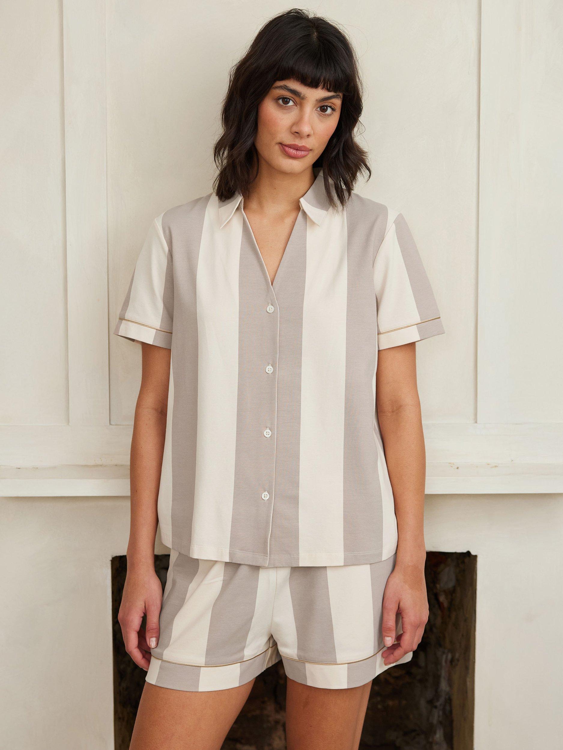 Product image 4 of 7, which shows Chelsea Peers Stripe Pure Organic Cotton Shorty Pyjama Set, Off White, 18