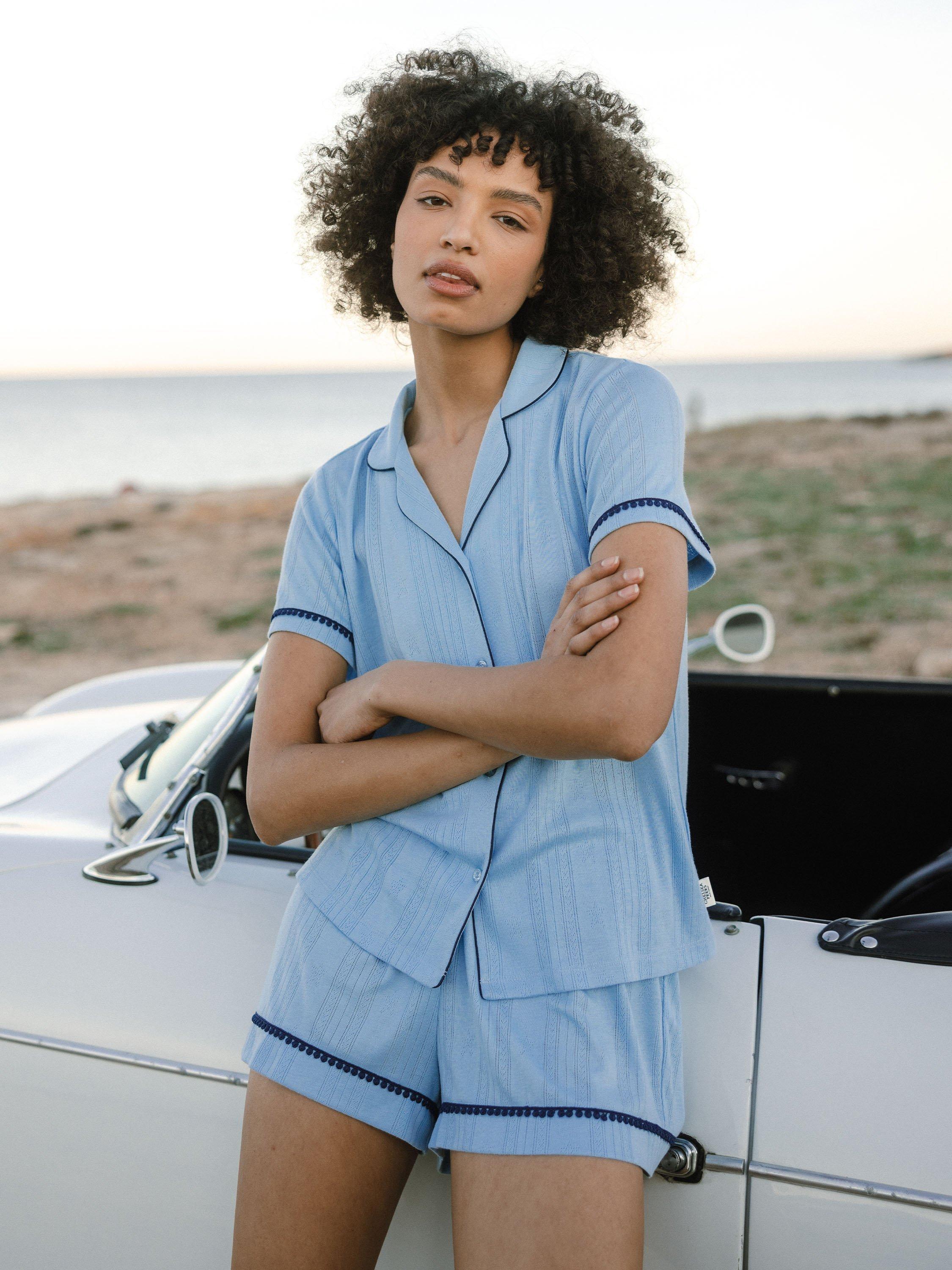 Product image 1 of 5, which shows Chelsea Peers Pointelle Button Up Short Pyjama Set, Blue, 6