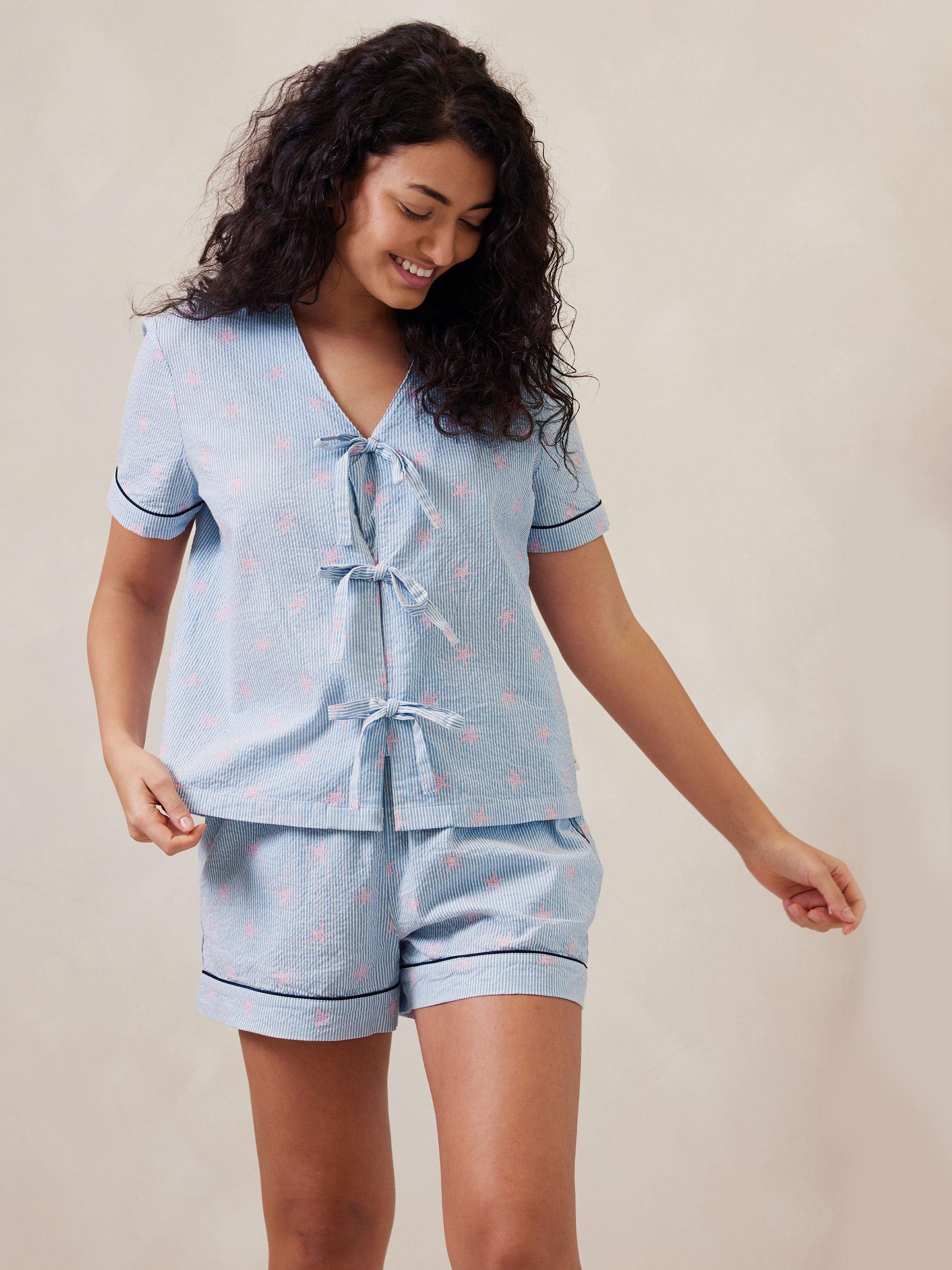 Product image 2 of 6, which shows Chelsea Peers Starfish Stripe Seersucker Cotton Short Pyjama Set, Pink, 18