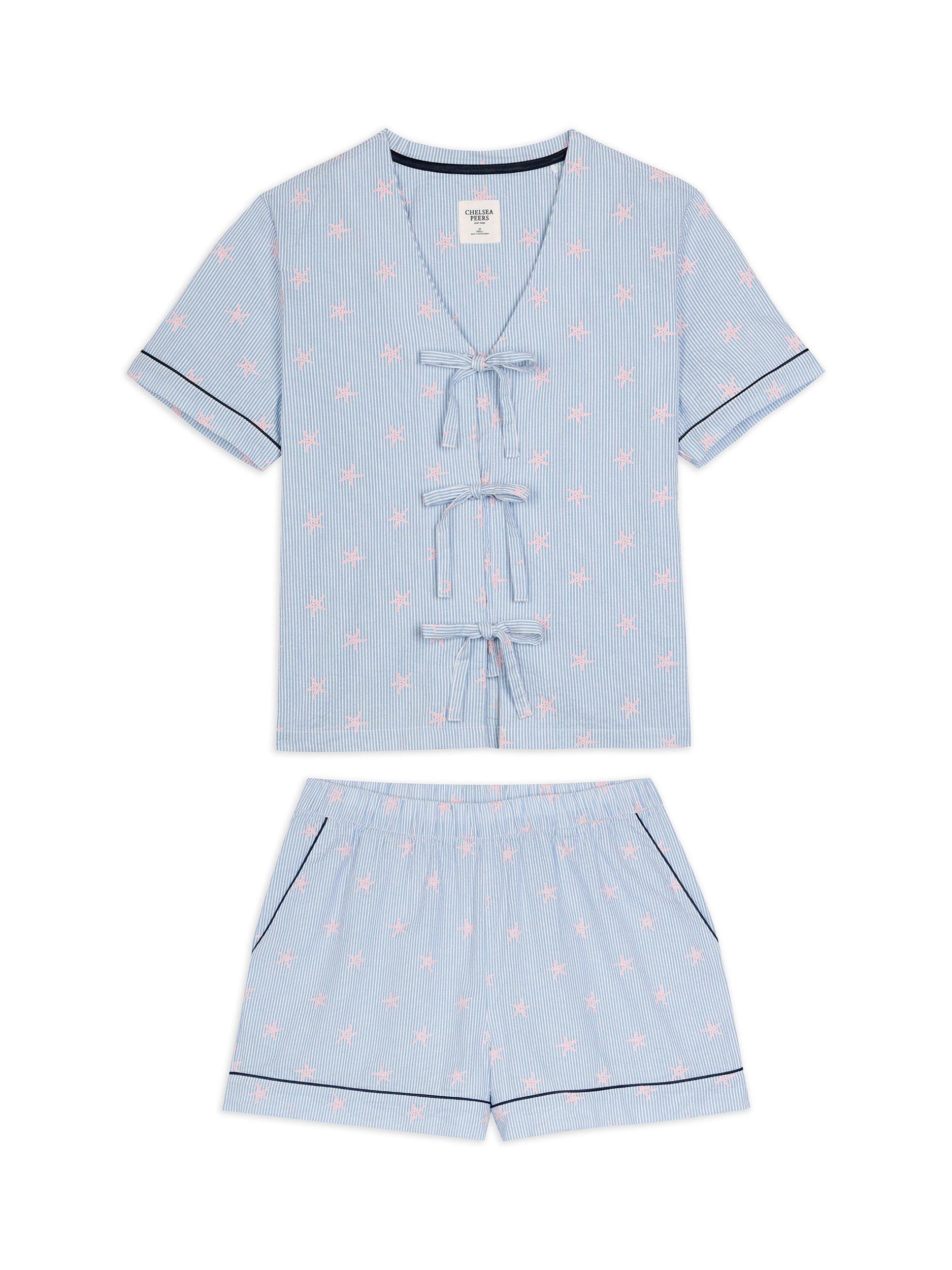 Product image 6 of 6, which shows Chelsea Peers Starfish Stripe Seersucker Cotton Short Pyjama Set, Pink, 18