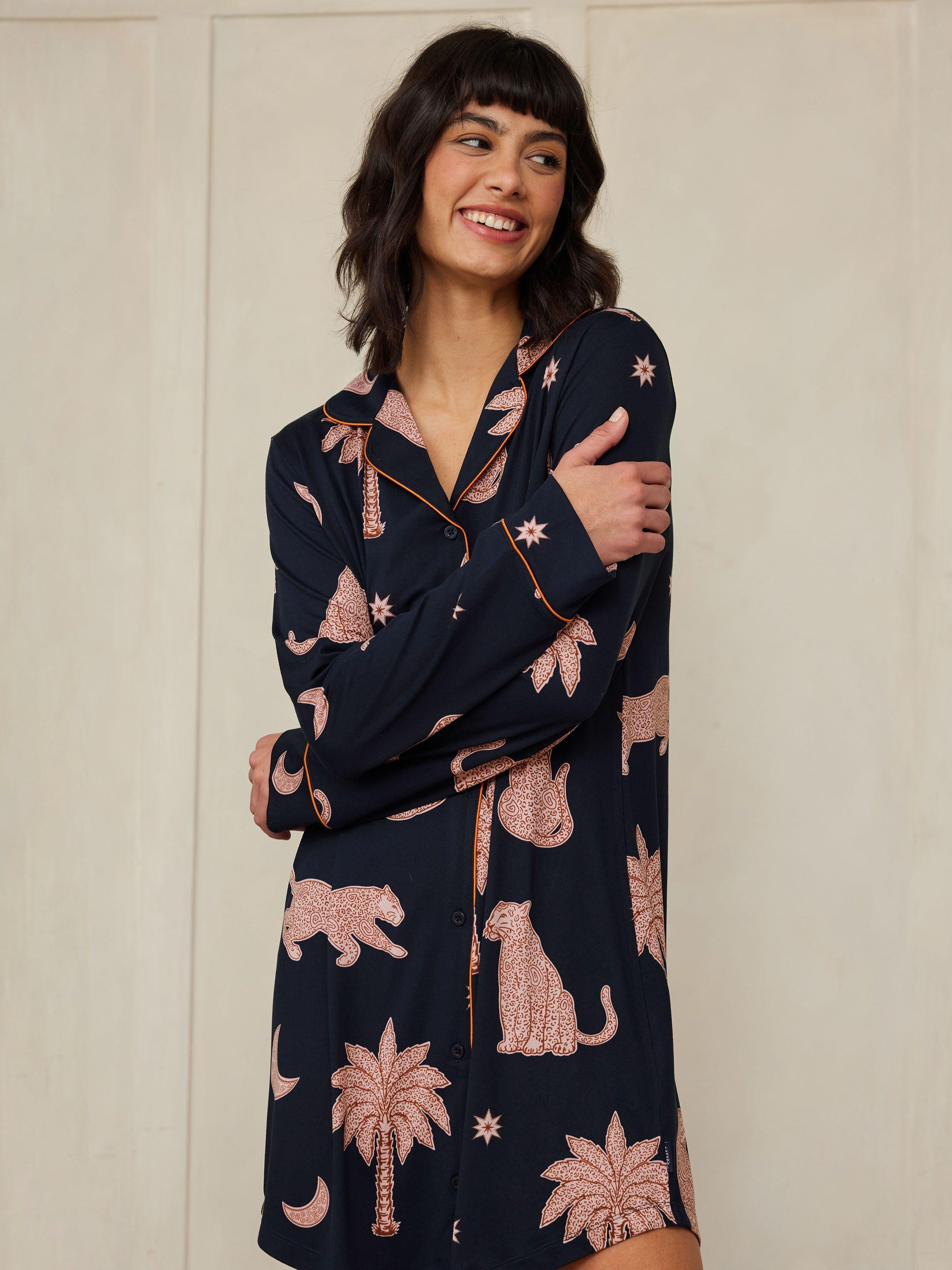 Product image 5 of 5, which shows Chelsea Peers Midnight Leopard Nightshirt, Navy/Multi, 6