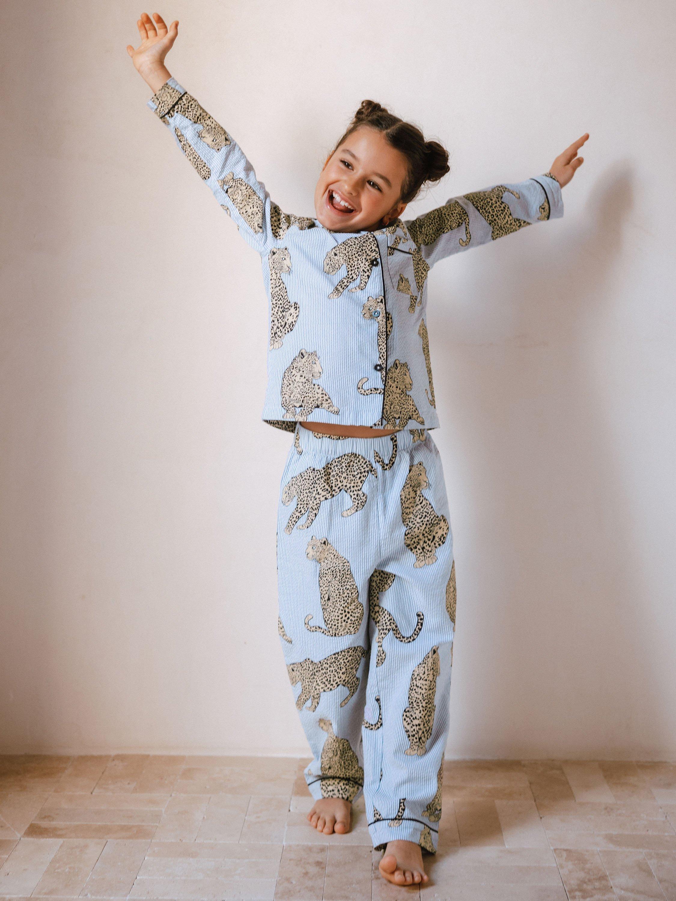 Product image 1 of 3, which shows Chelsea Peers Seersucker Leopard Stripe Long Pyjama Set, Blue/Multi, 1-2 years