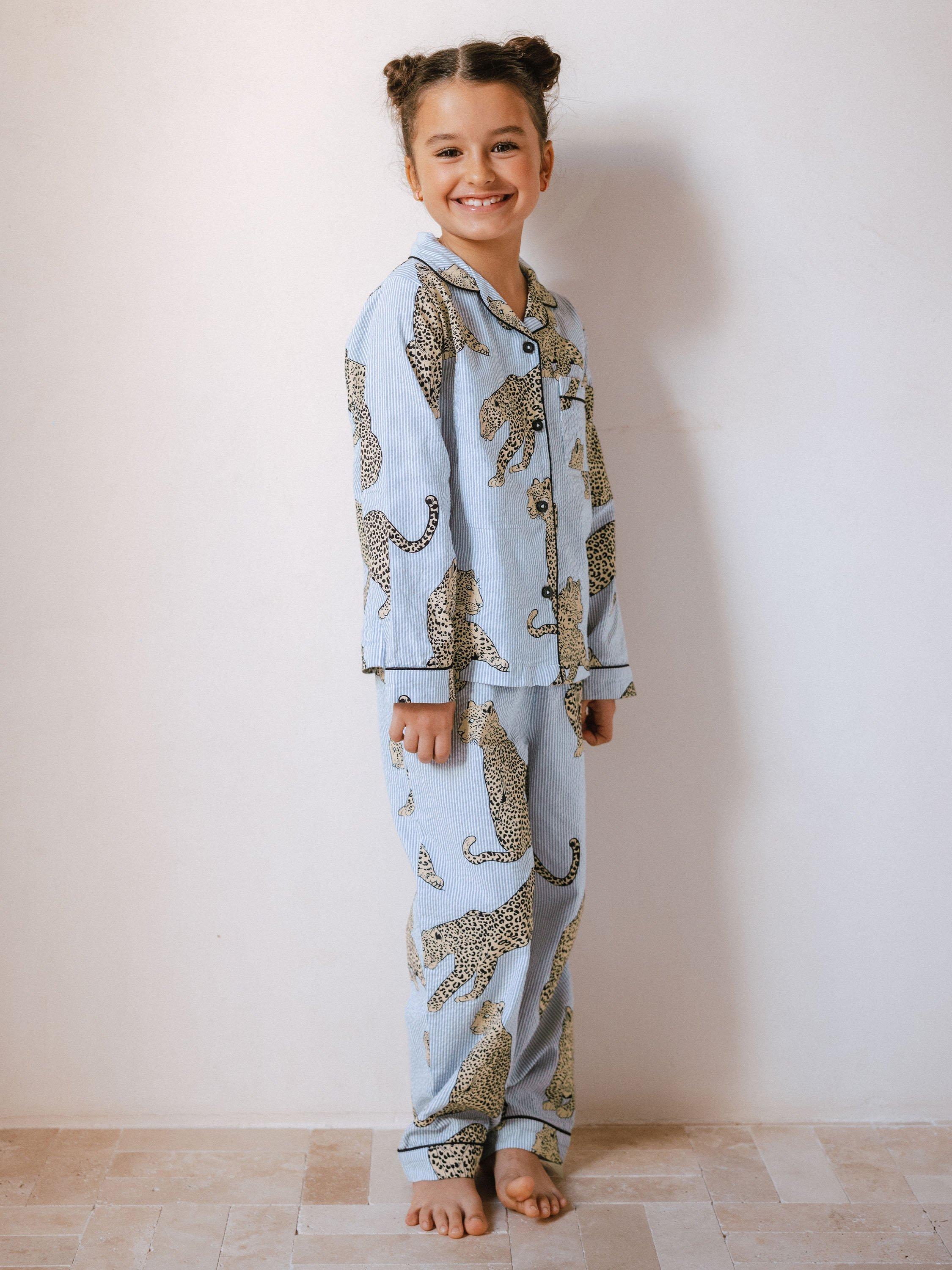 Product image 2 of 3, which shows Chelsea Peers Seersucker Leopard Stripe Long Pyjama Set, Blue/Multi, 1-2 years
