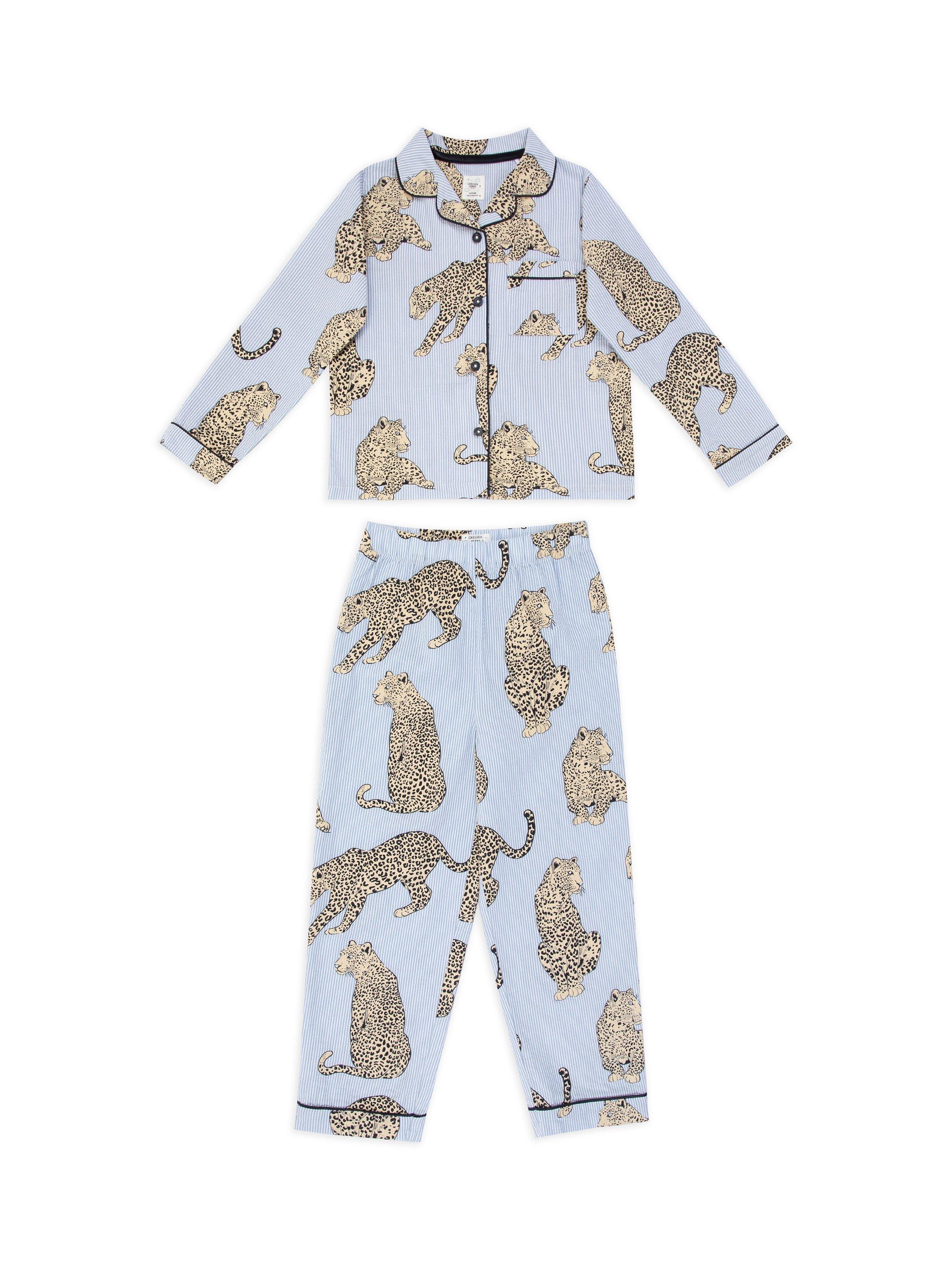 Product image 3 of 3, which shows Chelsea Peers Seersucker Leopard Stripe Long Pyjama Set, Blue/Multi, 1-2 years