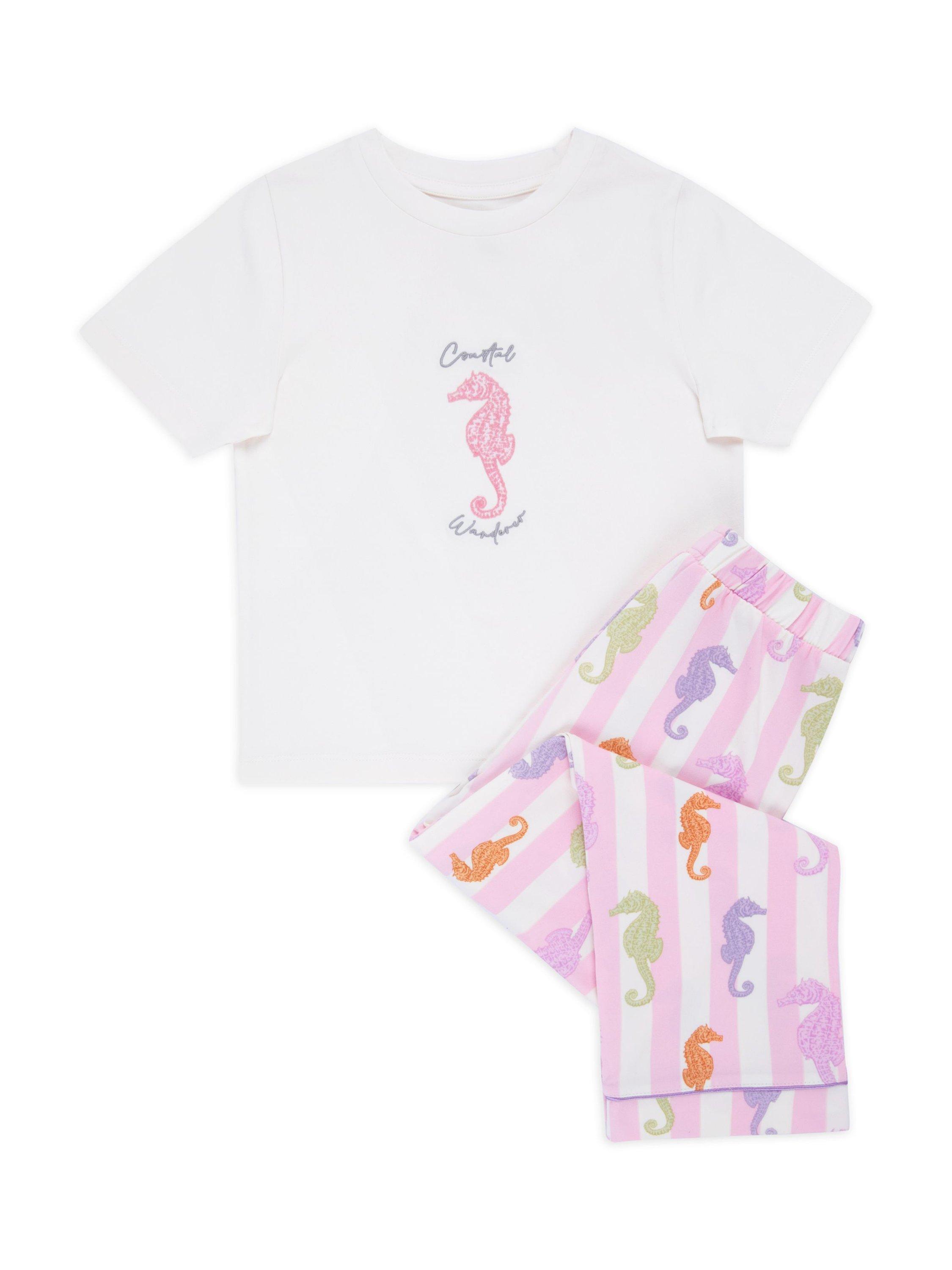 Product image 2 of 3, which shows Chelsea Peers Kids' Seahorse Print Pyjama Set, Pink/Multi, 1-2 years