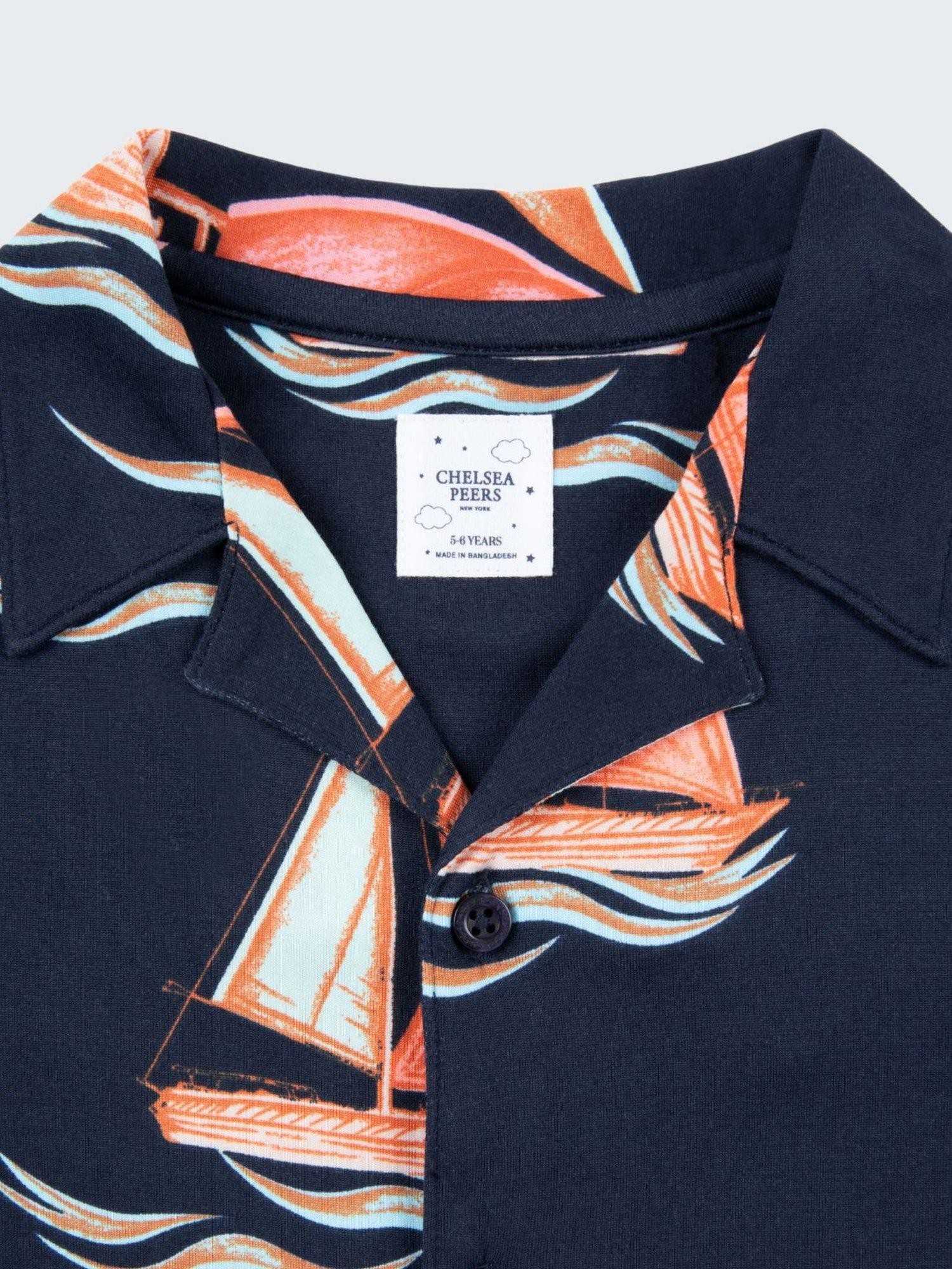Product image 3 of 3, which shows Chelsea Peers Kids' Sail Boat Print Shortie Pyjama Set, Navy, 1-2 years