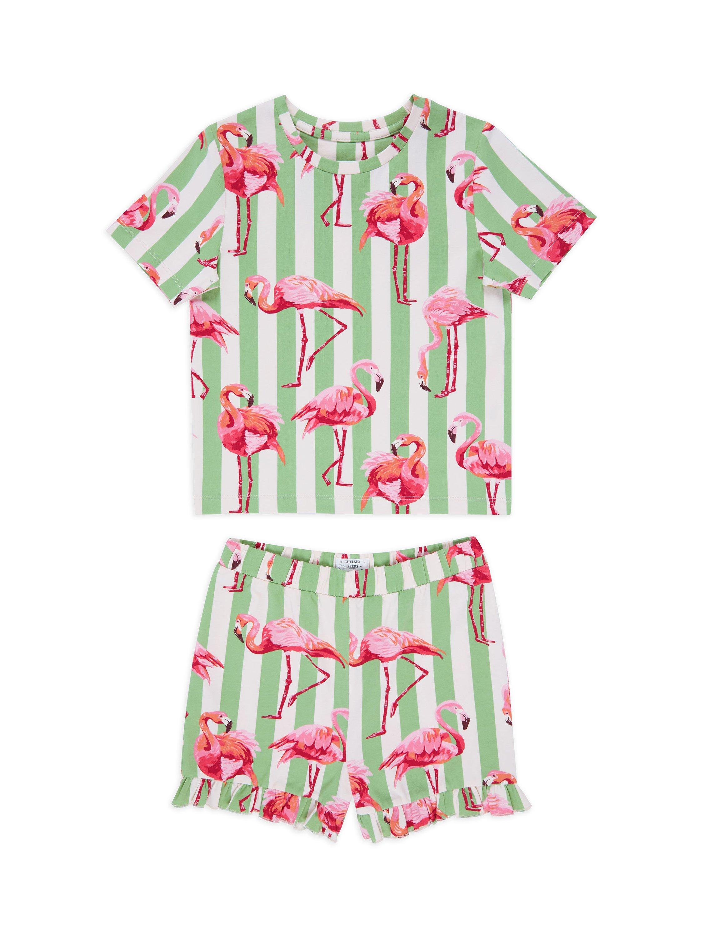 Product image 1 of 4, which shows Chelsea Peers Kids' Organic Cotton Flamingo Stripe Shortie Pyjama Set, Green, 1-2 years