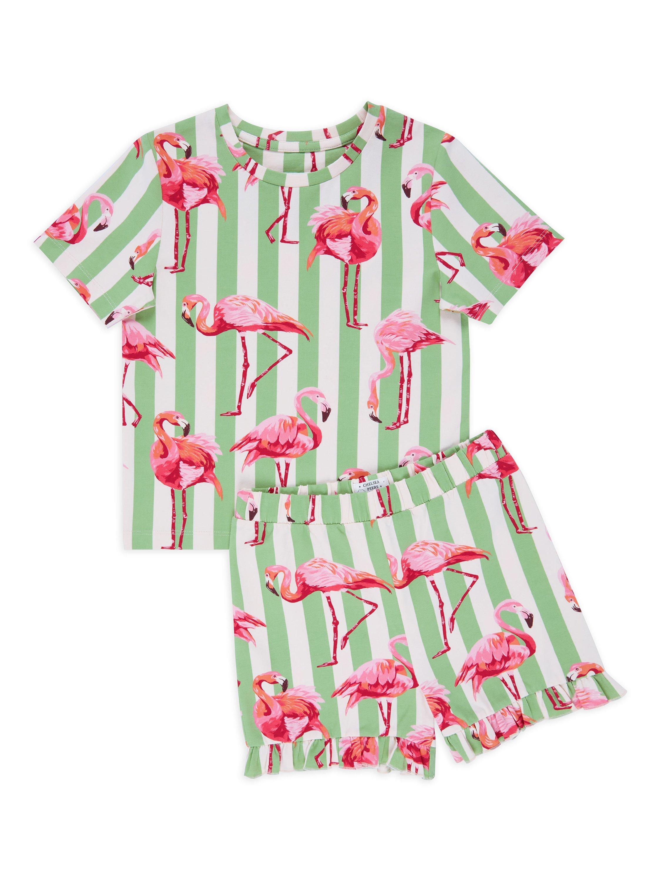 Product image 2 of 4, which shows Chelsea Peers Kids' Organic Cotton Flamingo Stripe Shortie Pyjama Set, Green, 1-2 years
