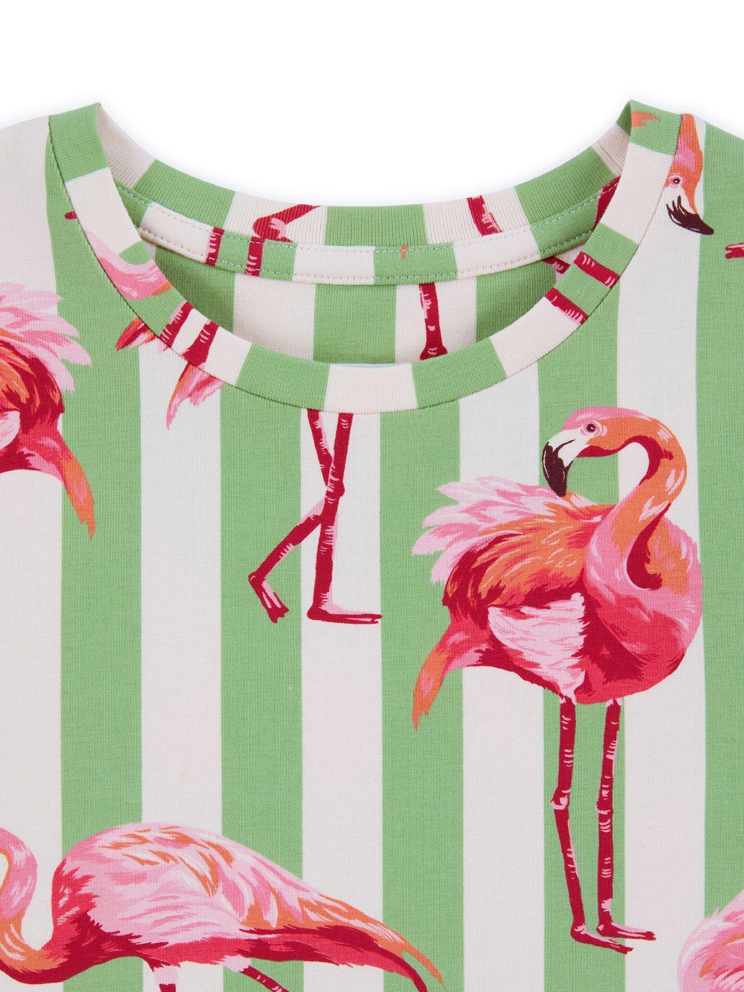 Product image 3 of 4, which shows Chelsea Peers Kids' Organic Cotton Flamingo Stripe Shortie Pyjama Set, Green, 1-2 years
