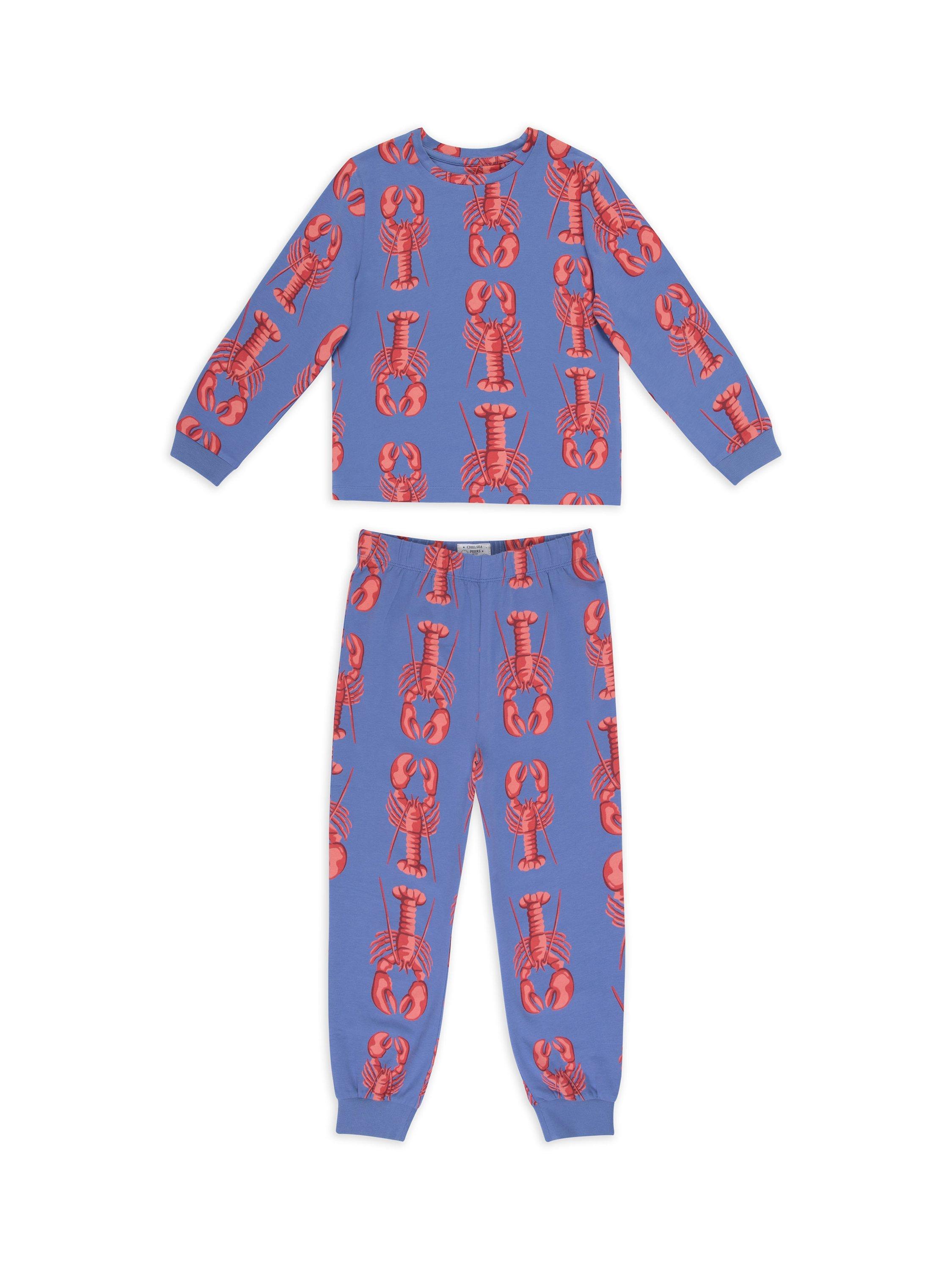 Product image 1 of 3, which shows Chelsea Peers Kids' Lobster Print Pyjama Set, Blue/Multi, 1-2 years