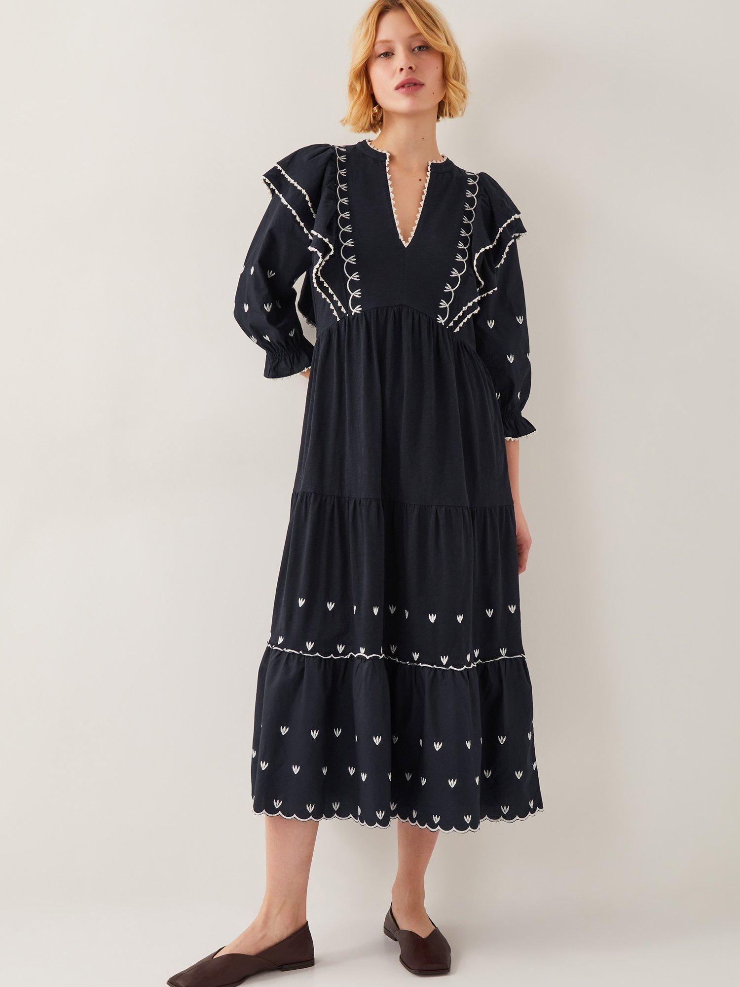 Product image 1 of 5, which shows Monsoon Freya Frill Midi Dress, Black, S