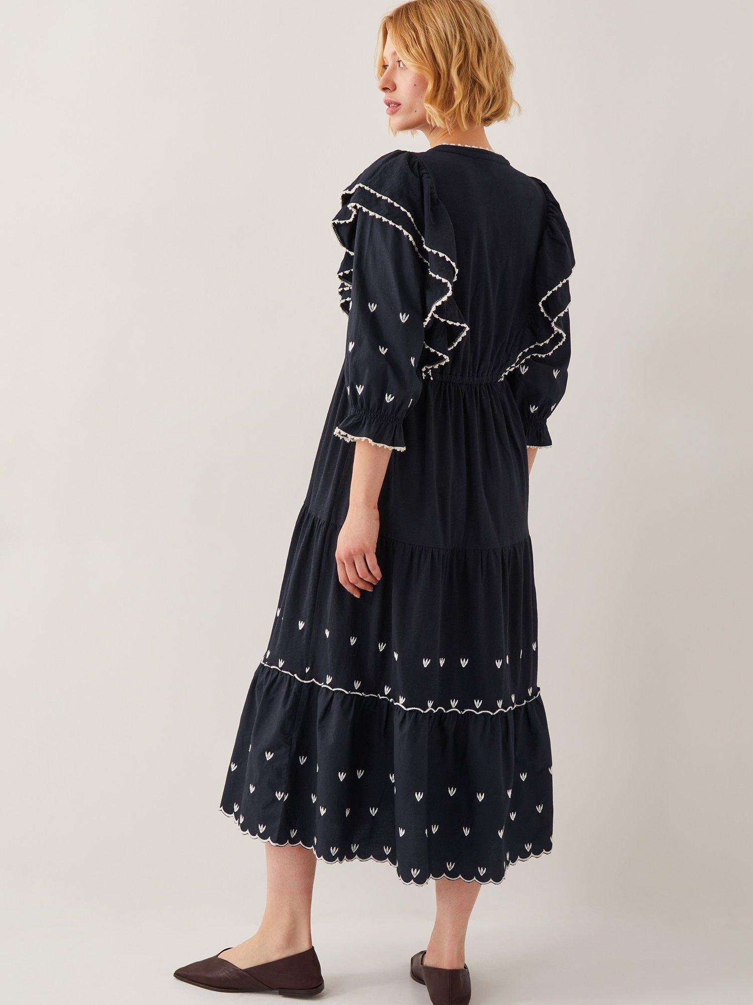 Product image 2 of 5, which shows Monsoon Freya Frill Midi Dress, Black, S