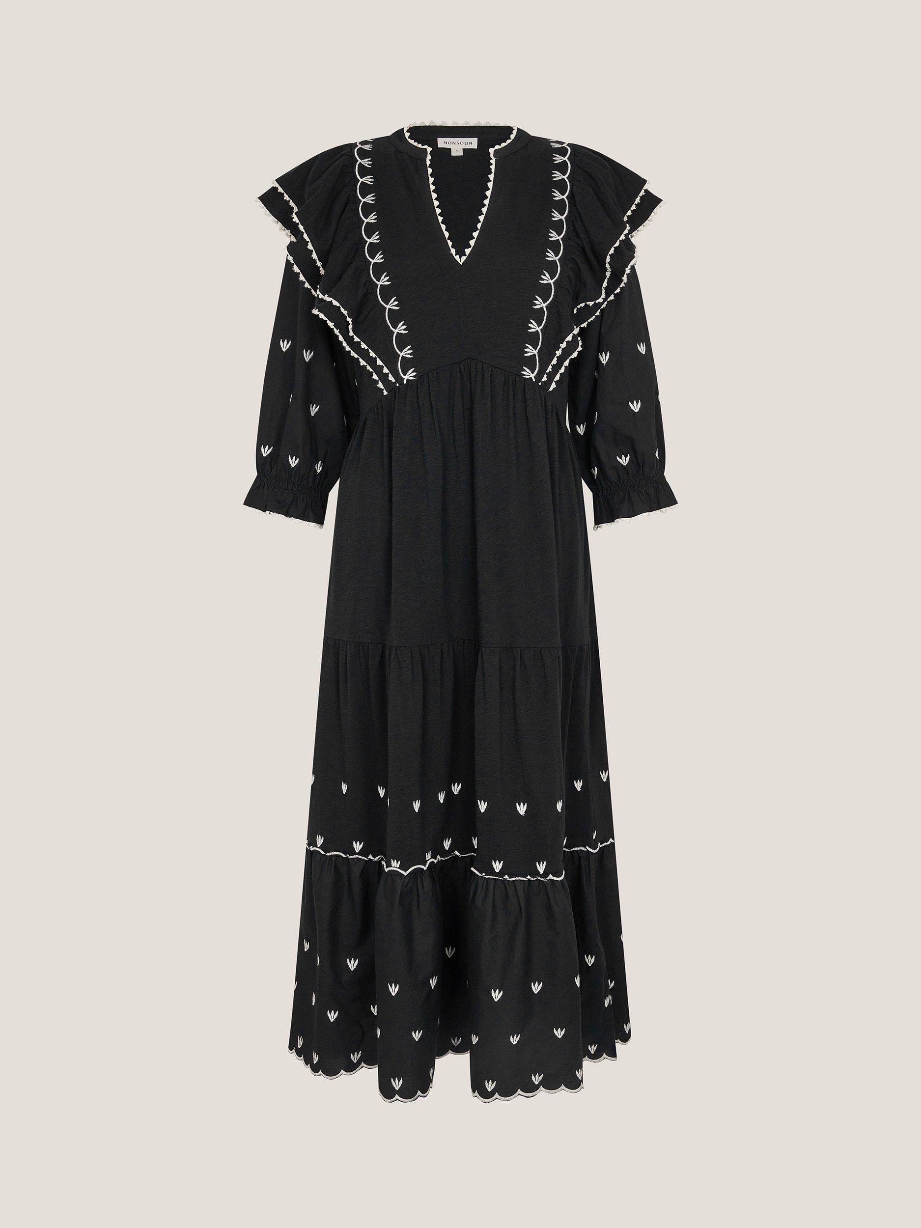Product image 3 of 5, which shows Monsoon Freya Frill Midi Dress, Black, S