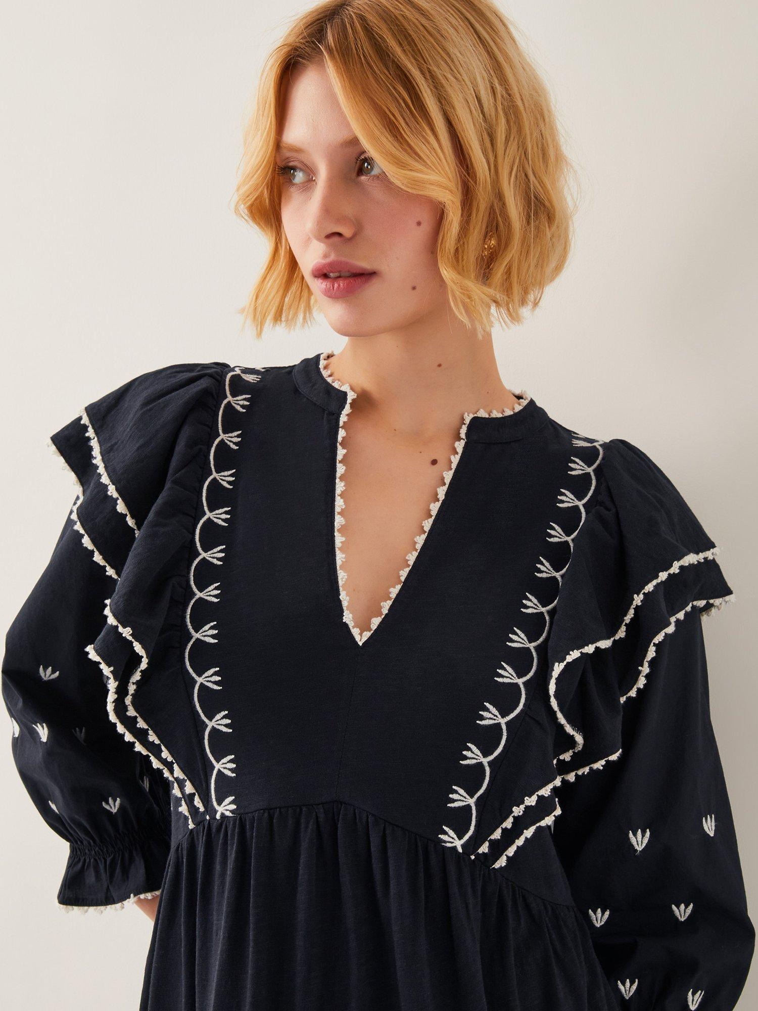 Product image 4 of 5, which shows Monsoon Freya Frill Midi Dress, Black, S