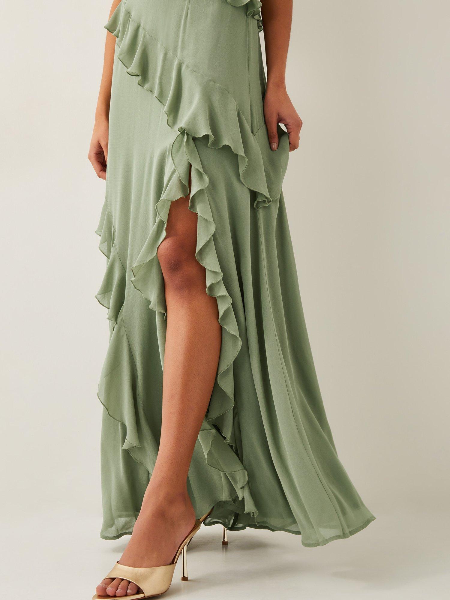 Product image 4 of 6, which shows Monsoon Romy Ruffle Maxi Dress, Mid Green, 10
