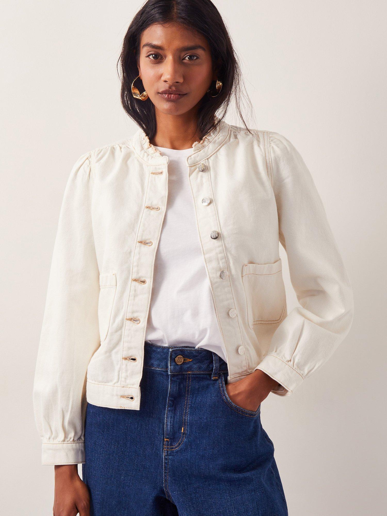 Product image 1 of 4, which shows Monsoon Louisa Frill Denim Jacket, White, 8