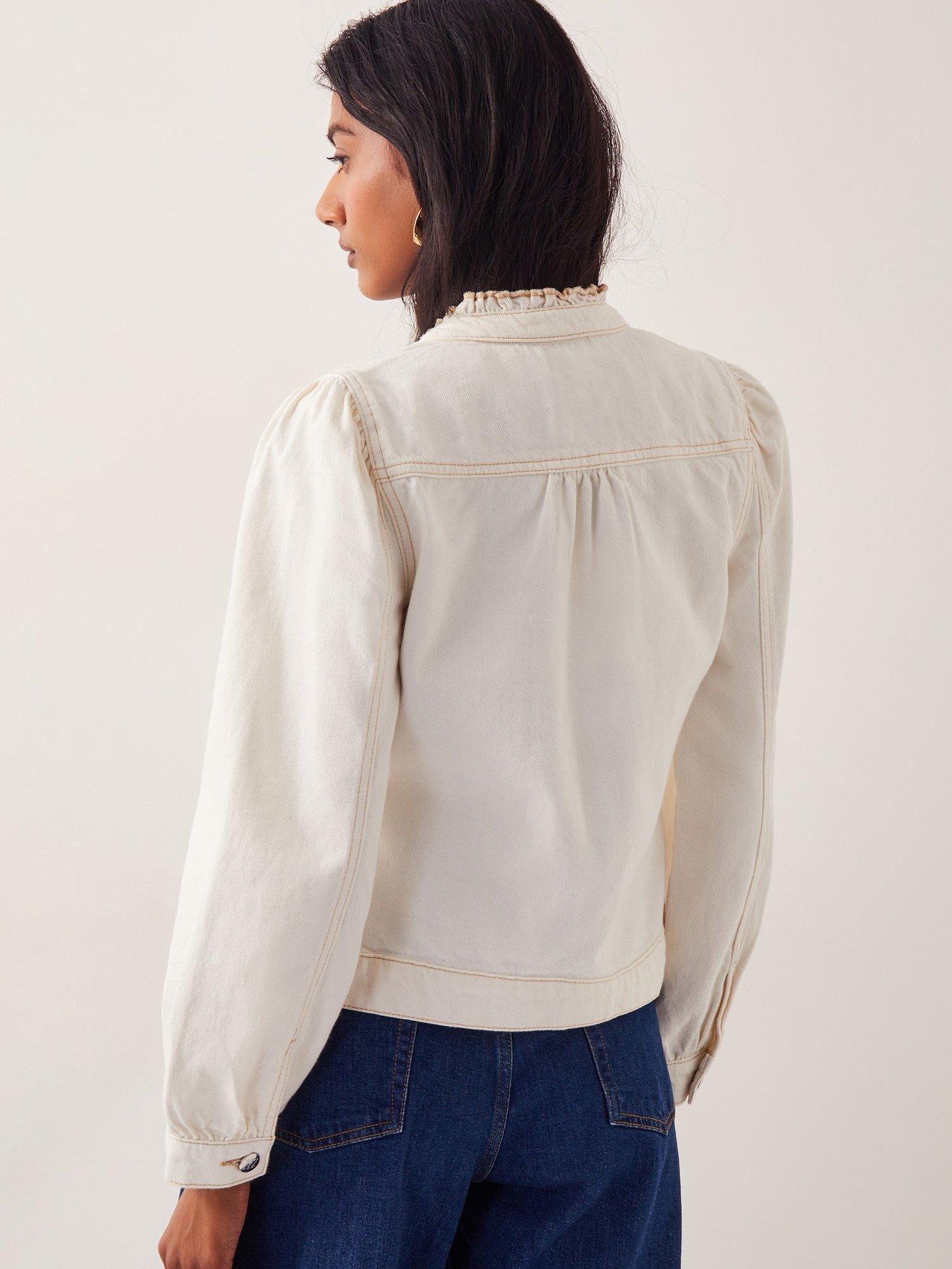 Product image 2 of 4, which shows Monsoon Louisa Frill Denim Jacket, White, 8