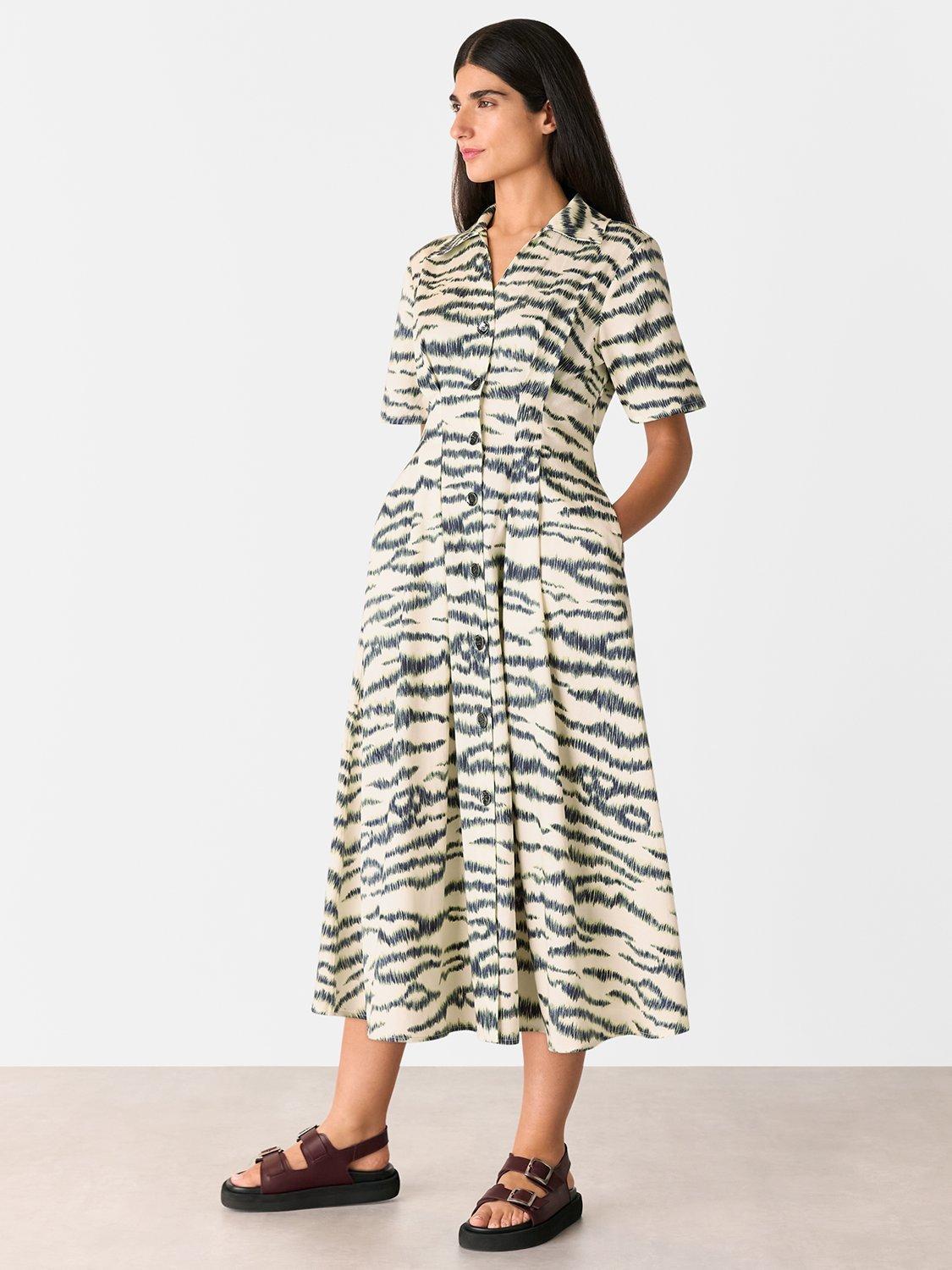 Product image 2 of 6, which shows Whistles Feathered Tiger Midi Shirt Dress, Ivory/Multi, 14