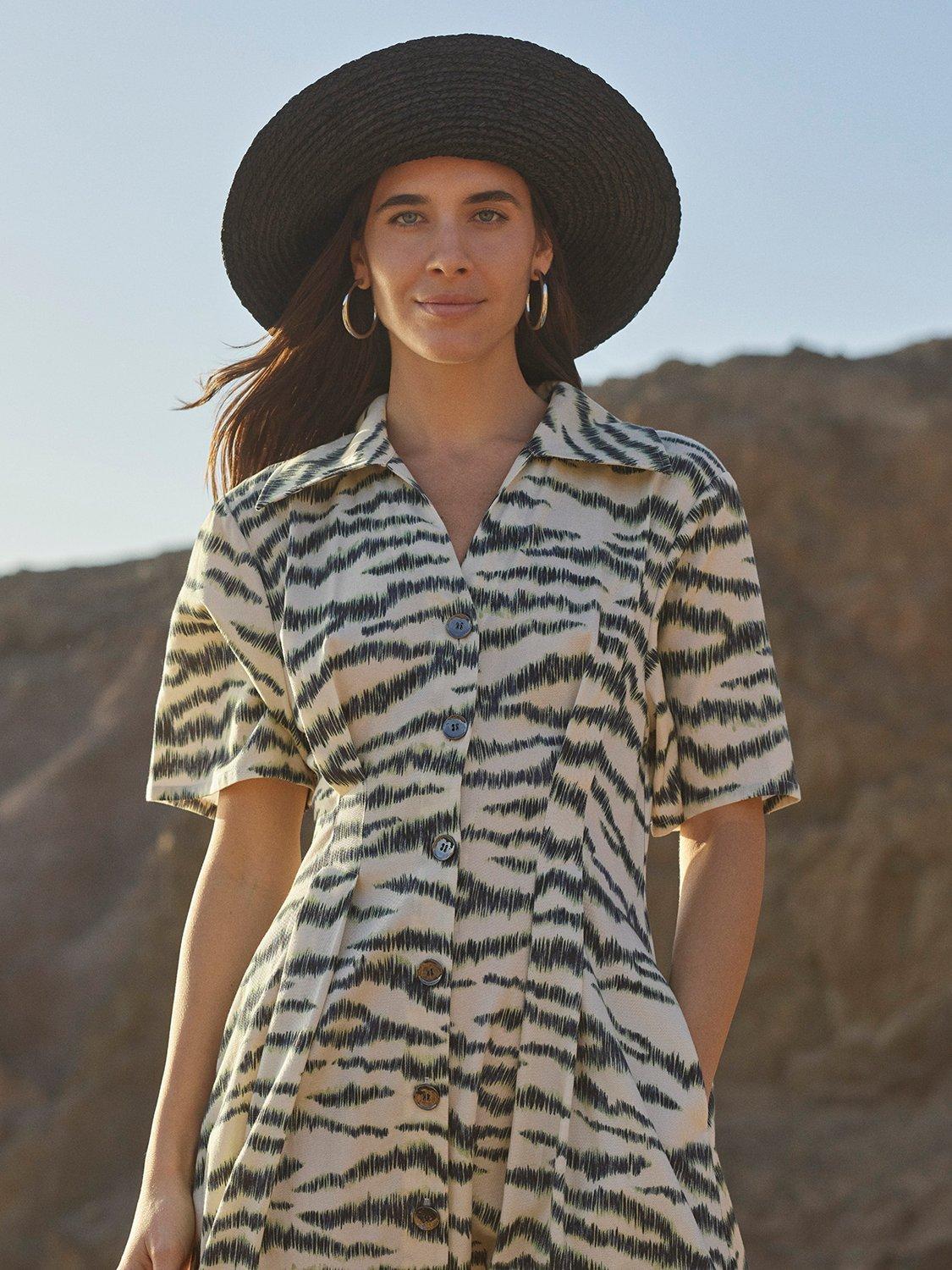 Product image 1 of 6, which shows Whistles Feathered Tiger Midi Shirt Dress, Ivory/Multi, 14