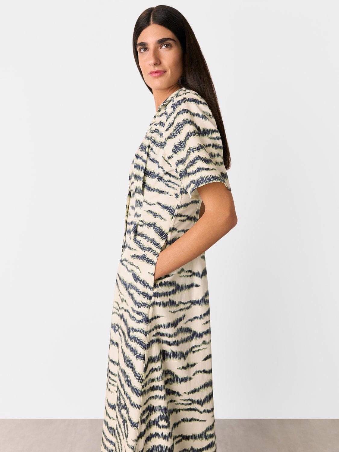 Product image 4 of 6, which shows Whistles Feathered Tiger Midi Shirt Dress, Ivory/Multi, 14