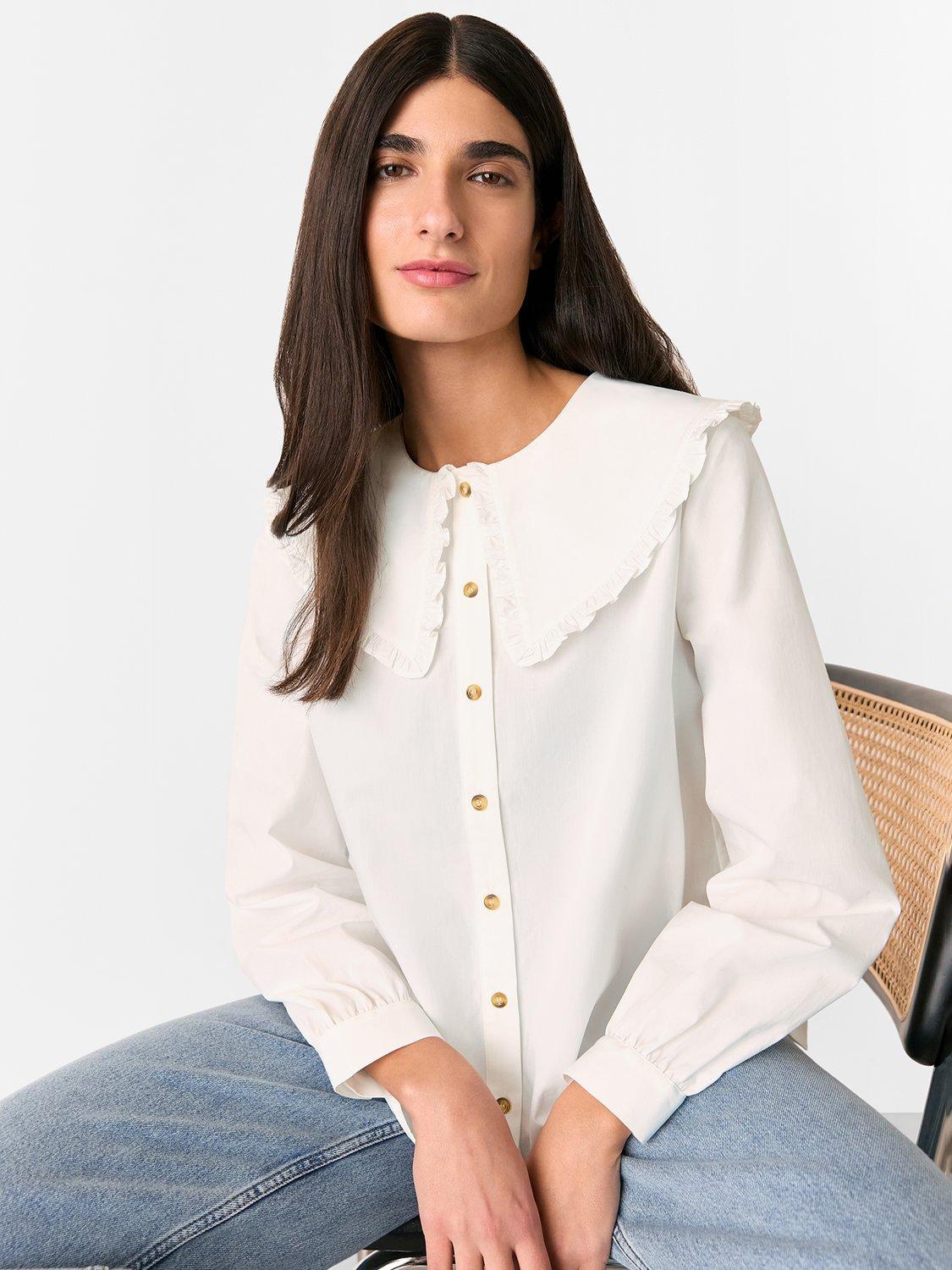 Product image 1 of 5, which shows Whistles Ruffle Collar Long Sleeve Shirt, White, 6