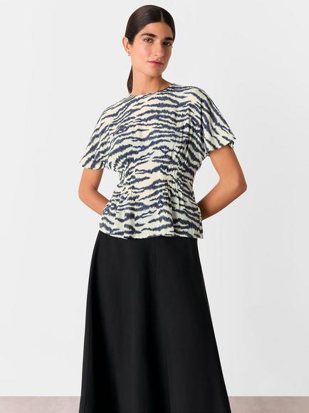 Whistles Feathered Tiger Shirred Blouse, Ivory/Multi, Ivory/Multi