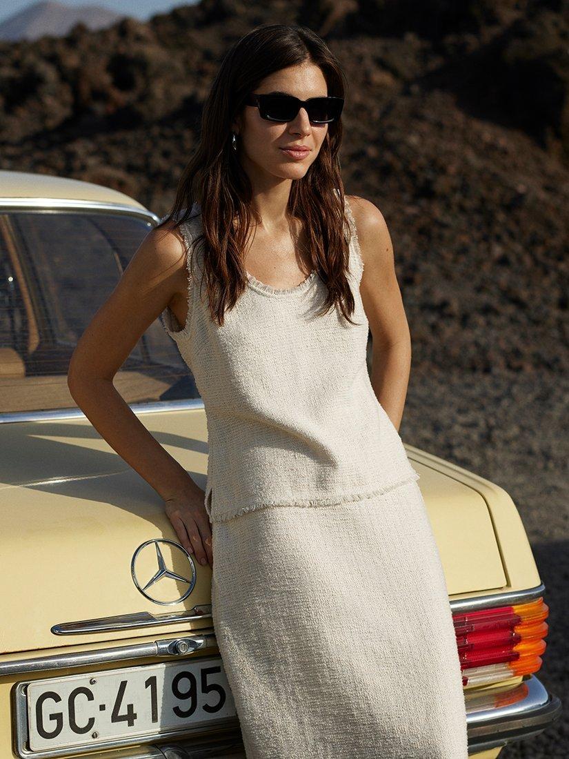 Product image 1 of 6, which shows Whistles Lucie Boucle Pencil Skirt, Ivory, 8