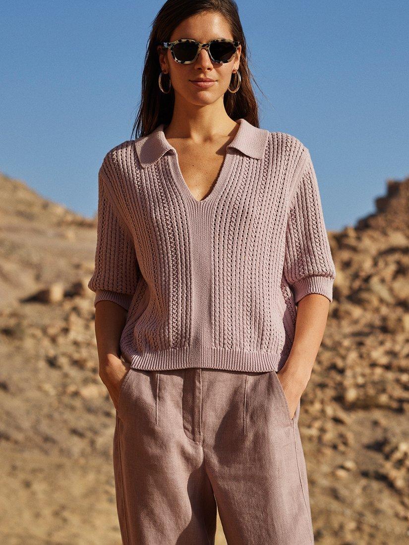 Product image 1 of 5, which shows Whistles Linen Barrel Leg Trousers, Dusty Pink, 6