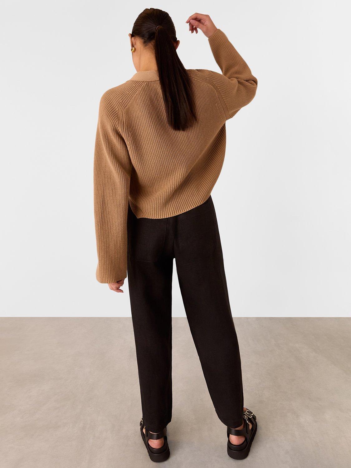 Product image 2 of 6, which shows Whistles Petite Pure Linen Barrel Leg Trousers, Black, 6