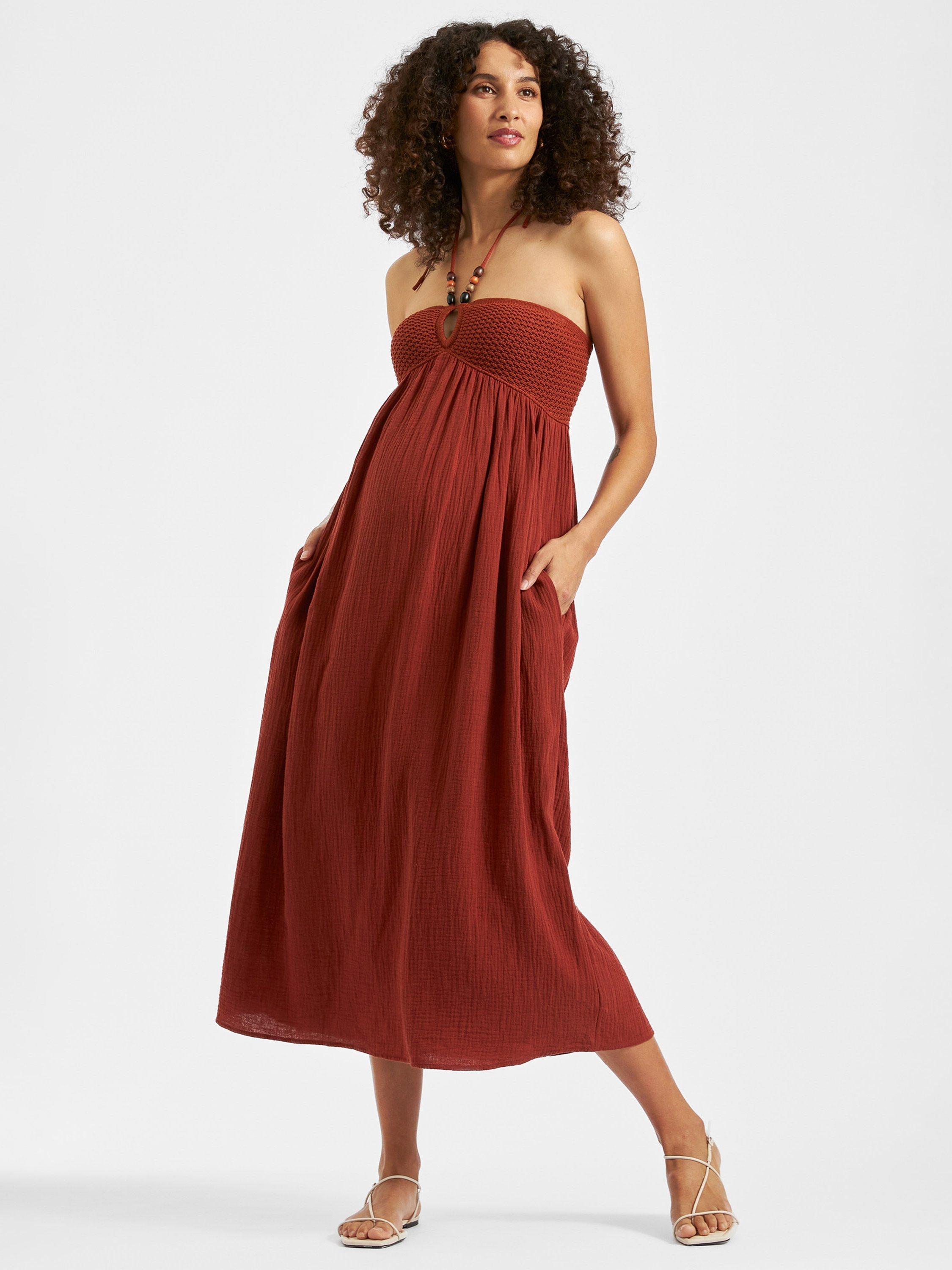 Product image 1 of 7, which shows Ripe Evie Crochet Maternity Dress, Amber, XS
