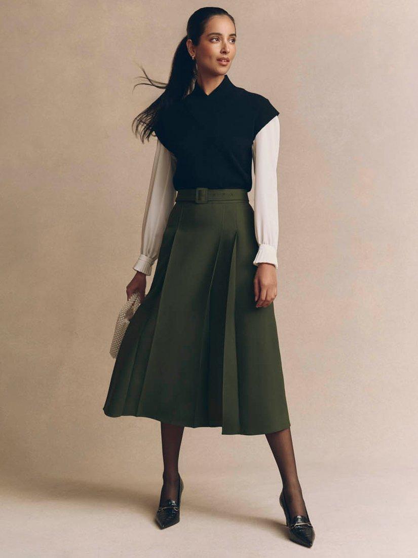 Product image 1 of 6, which shows Hobbs Jacqui Pleated Midi Skirt, Dark Fern Green, 8