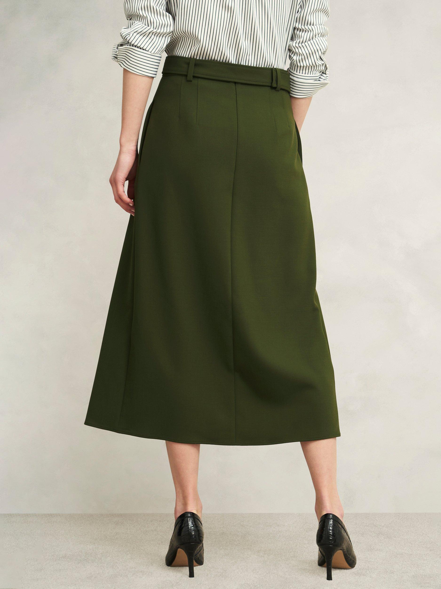 Product image 2 of 6, which shows Hobbs Jacqui Pleated Midi Skirt, Dark Fern Green, 8