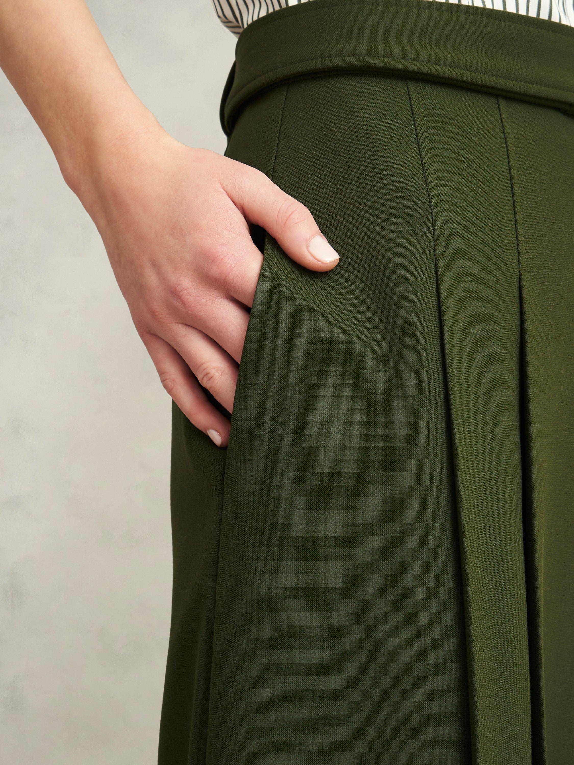Product image 3 of 6, which shows Hobbs Jacqui Pleated Midi Skirt, Dark Fern Green, 8