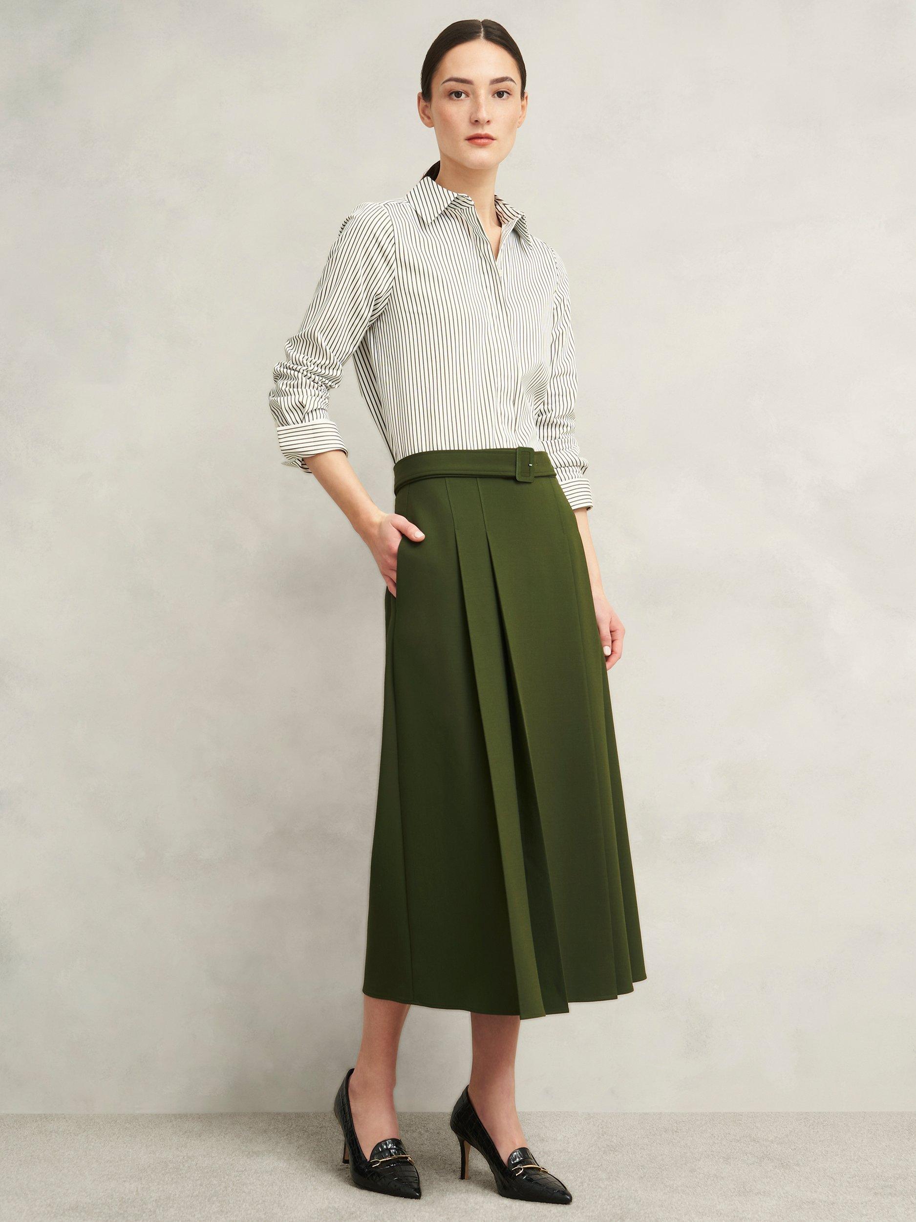 Product image 6 of 6, which shows Hobbs Jacqui Pleated Midi Skirt, Dark Fern Green, 8