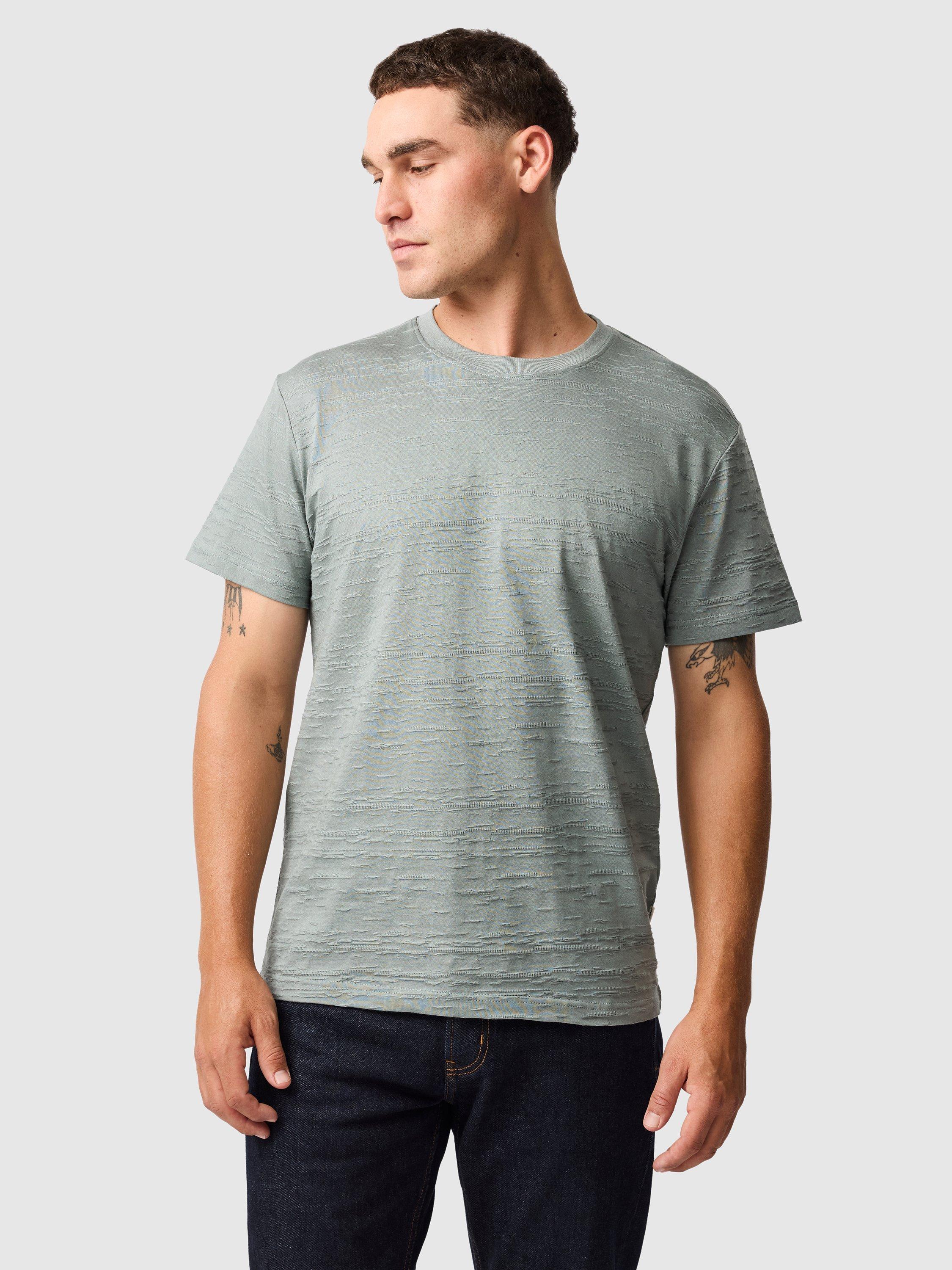 Product image 1 of 6, which shows Rodd & Gunn Leith Valley Cotton Slim Fit Abstract T-Shirt, Sage Green, XS