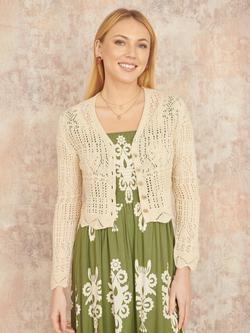 Yumi Crochet Knit Cropped Cardigan, Beige, Beige