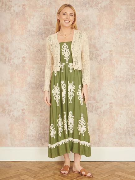 Yumi Crochet Knit Cropped Cardigan, Beige - view 2, Beige
