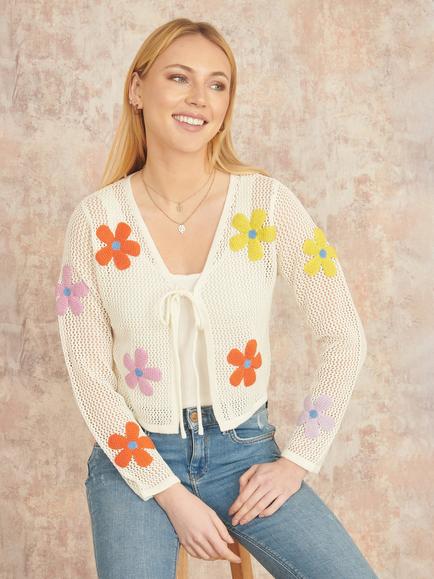 Yumi Flowers Knitted Tie Front Cardigan, Ivory/Multi, Ivory/Multi