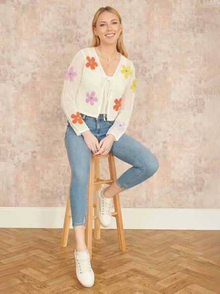 Yumi Flowers Knitted Tie Front Cardigan, Ivory/Multi - view 2, Ivory/Multi