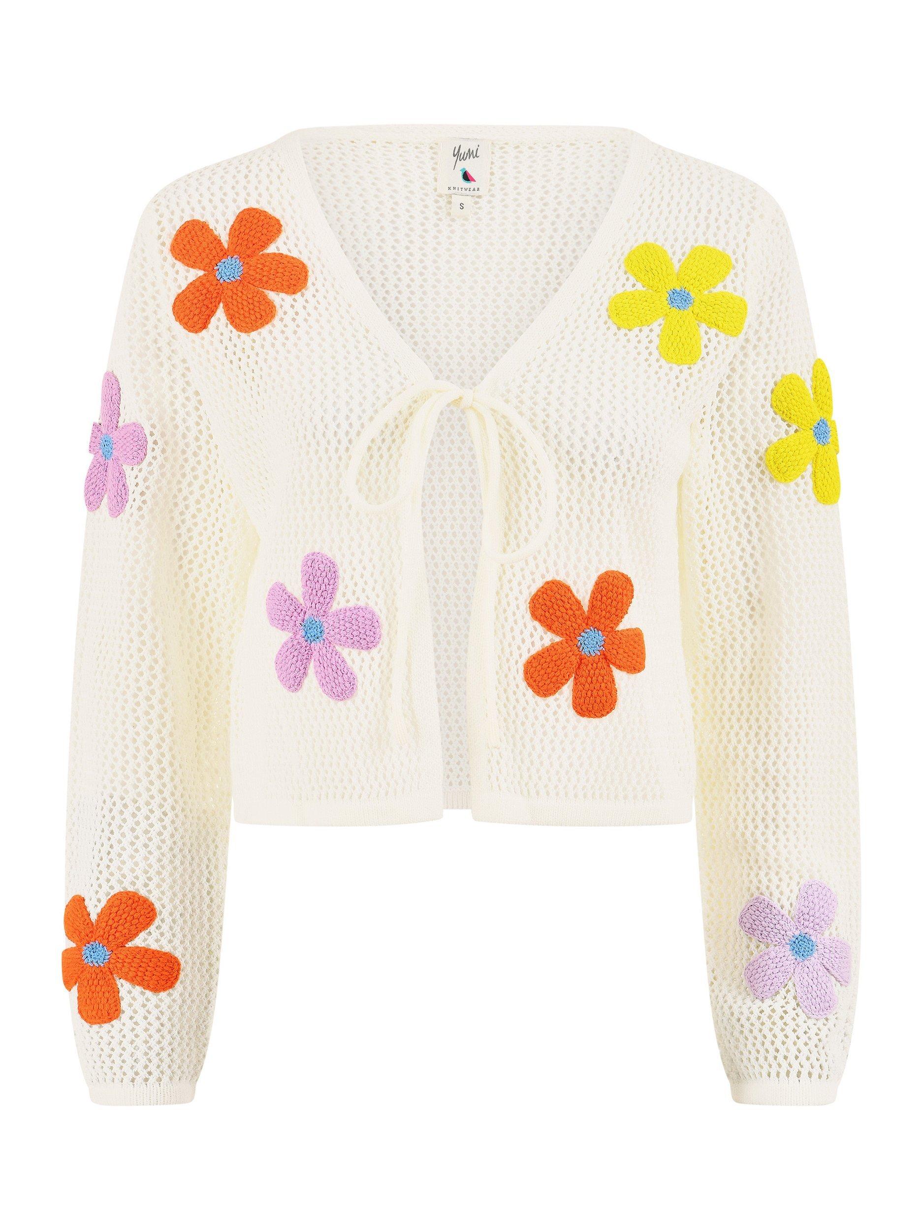 Product image 4 of 4, which shows Yumi Flowers Knitted Tie Front Cardigan, Ivory/Multi, S