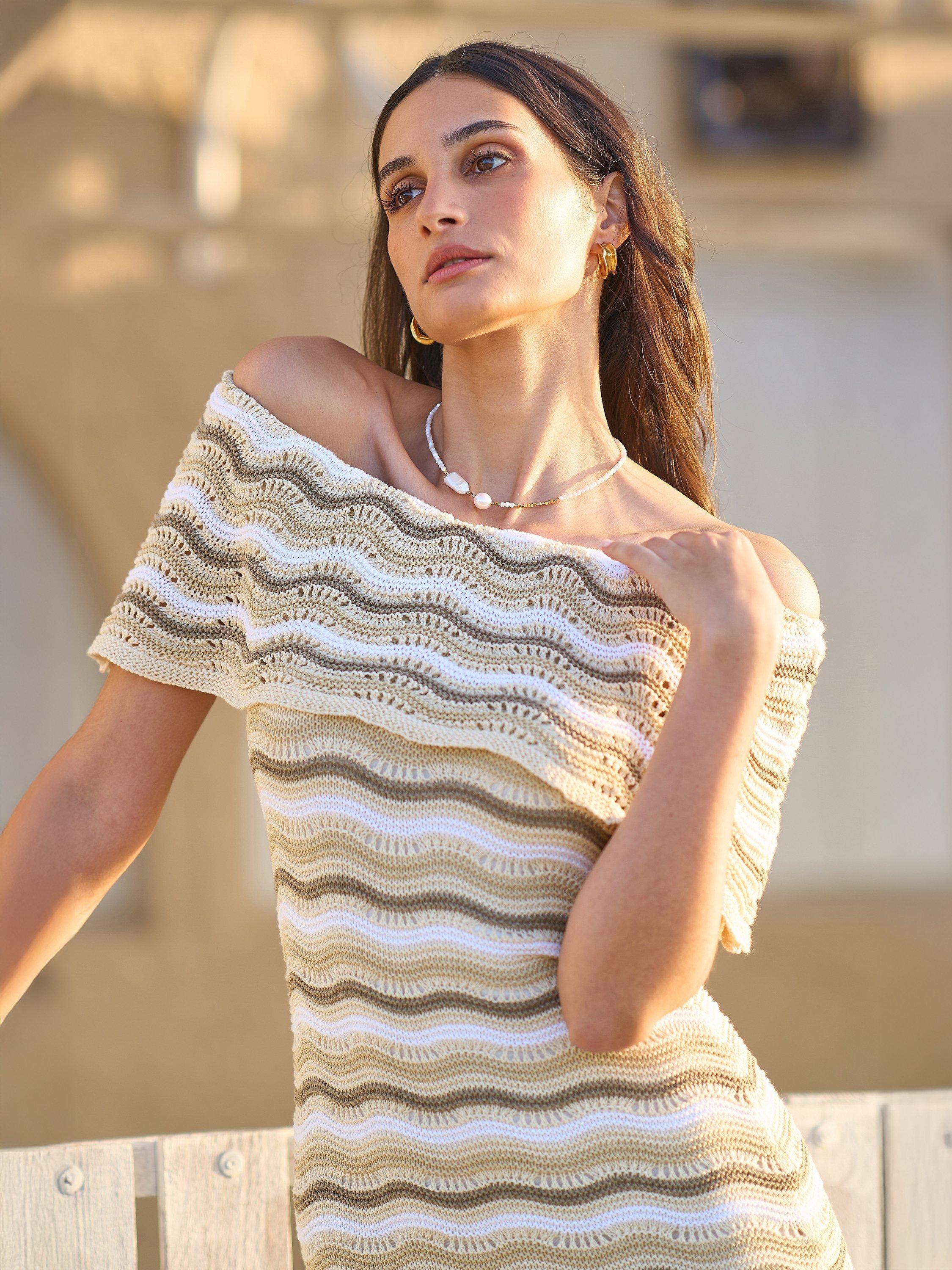 Product image 2 of 7, which shows Yumi Stripe Crochet Midi Dress, Beige, S