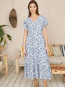 Yumi Floral Broderie Anglaise Midi Dress, Blue - view 2, Blue