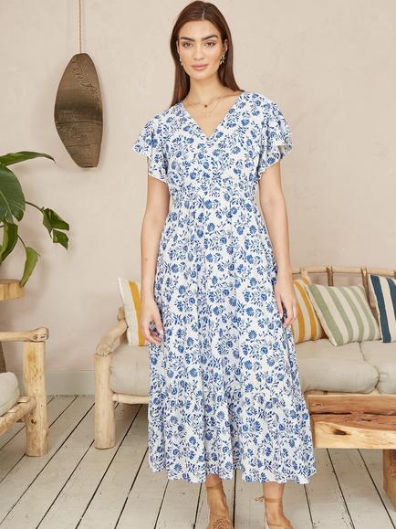 Yumi Floral Broderie Anglaise Midi Dress, Blue - view 2, Blue