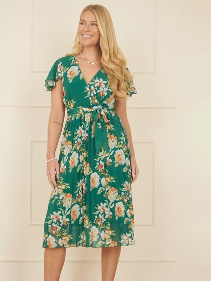 Yumi Floral Pleated Wrap Dress, Green